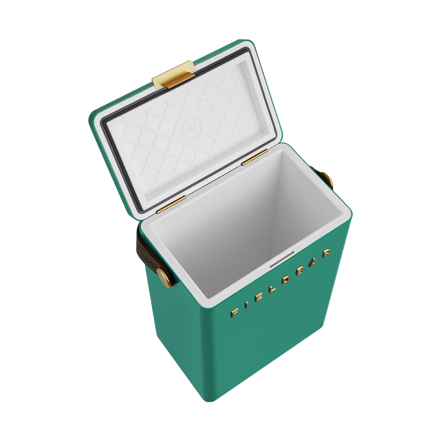 Front view of open FIELDBAR Drinks Box MK II hardcase cooler, Parisian green, 10L capacity, durable and comfortable to carry.