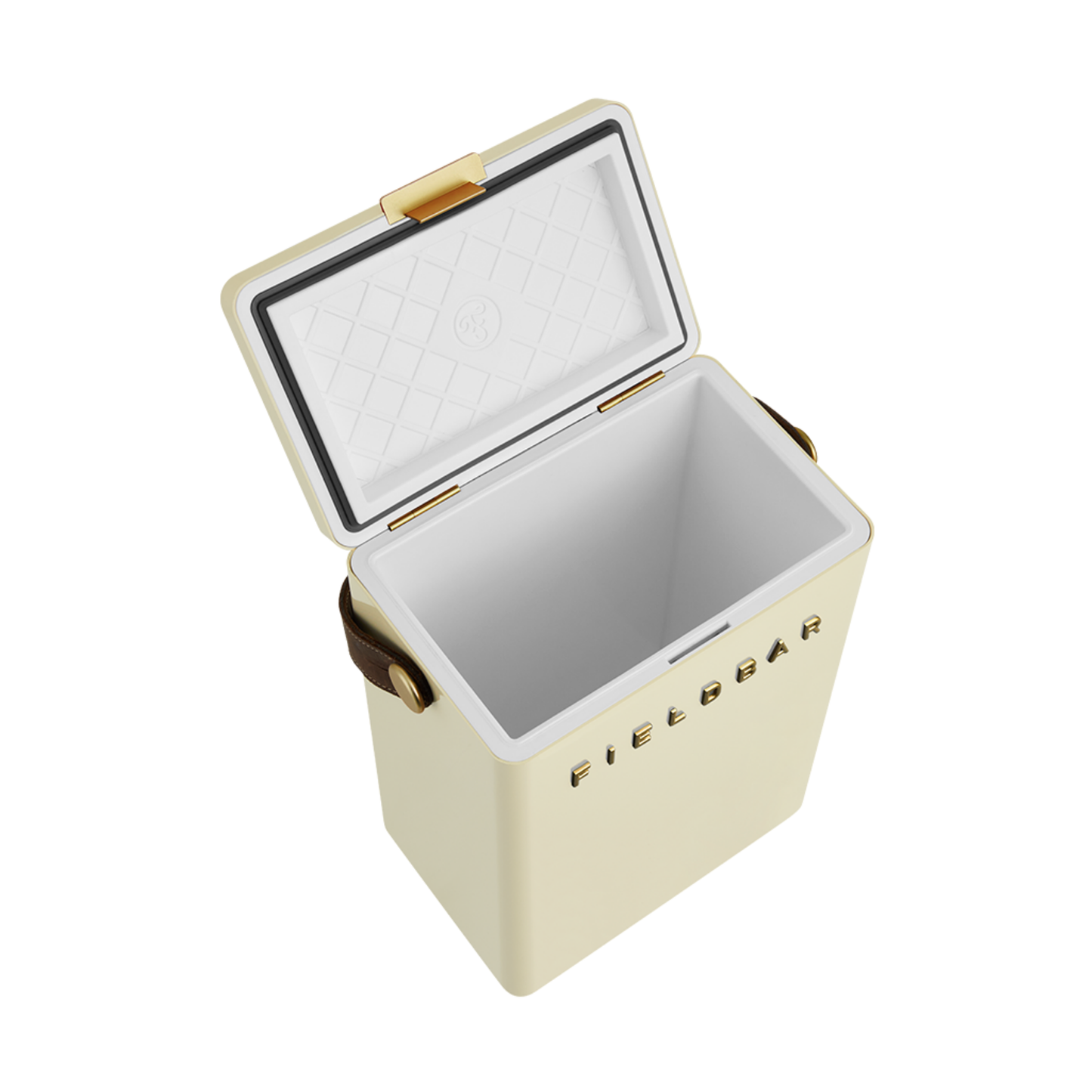 Front view of open FIELDBAR Drinks Box MK II hardcase cooler, Safari white, 10L capacity, durable and comfortable to carry.