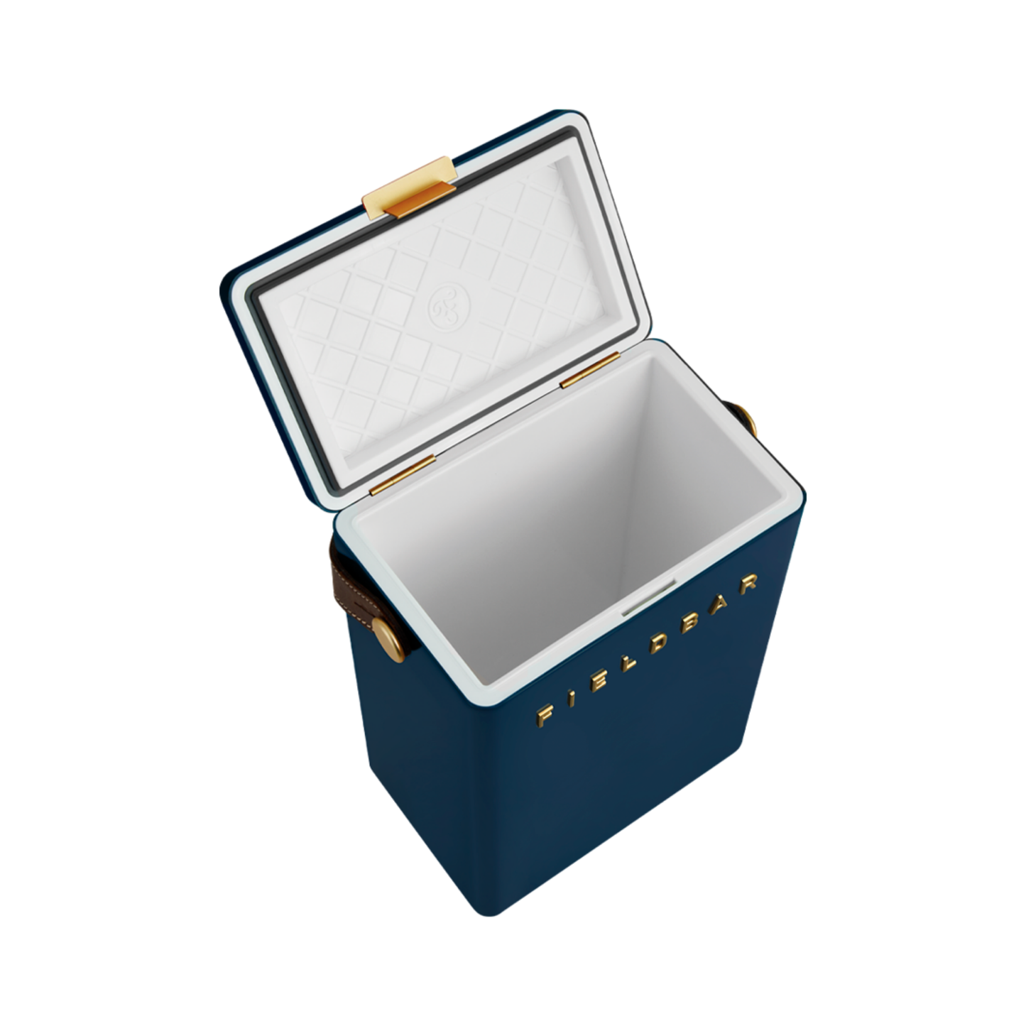 Front view of open FIELDBAR Drinks Box MK II hardcase cooler, Sea boat blue, 10L capacity, durable and comfortable to carry.