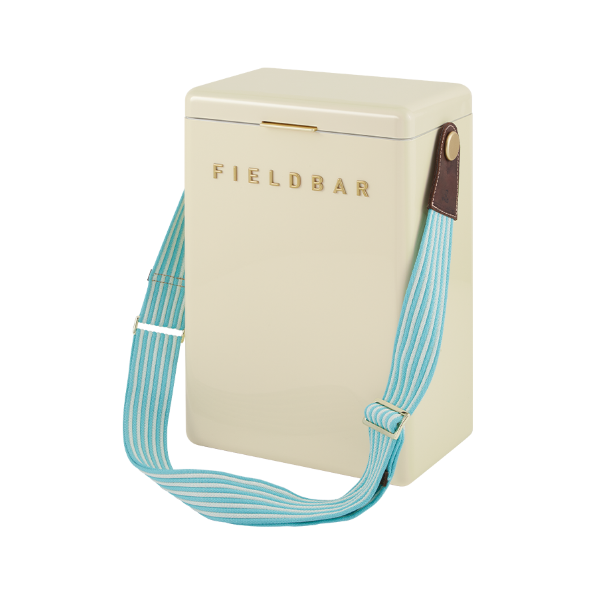 FIELDBAR Drinks Box Swing Sling, Bazaruto blue and Safari white, adjustable from 94.5cm to 147cm, genuine leather, comfortable on shoulder.