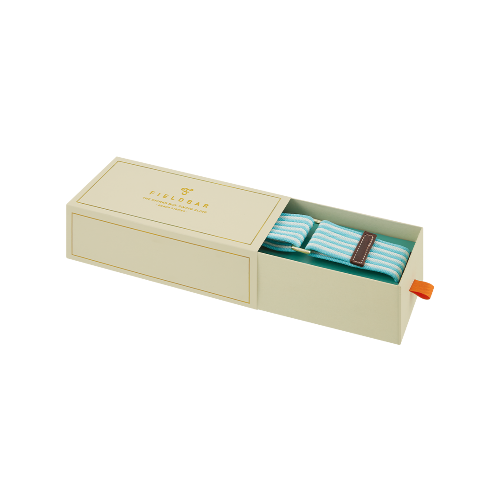 Sling case shown with FIELDBAR Drinks Box Swing Sling, Bazaruto blue and Safari white, adjustable from 94.5cm to 147cm, genuine leather, comfortable on shoulder.