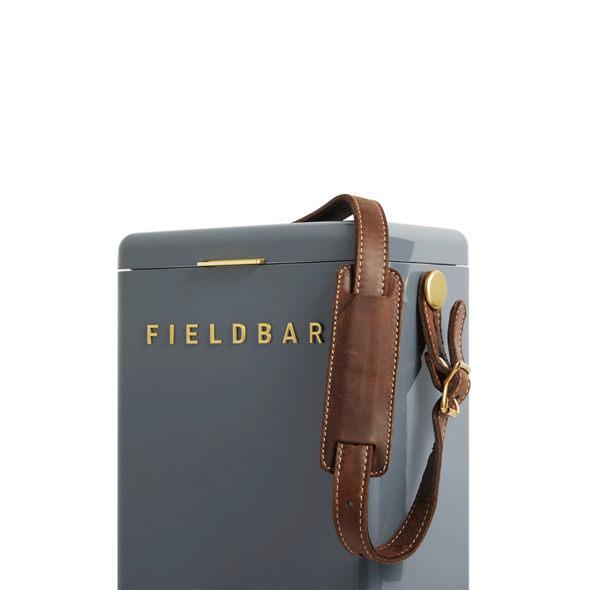 Upclose FIELDBAR Drinks Box Sling, Dark brown, adjustable from 124cm to 128cm, leather, comfortable on shoulder, shown attached with the cooler.