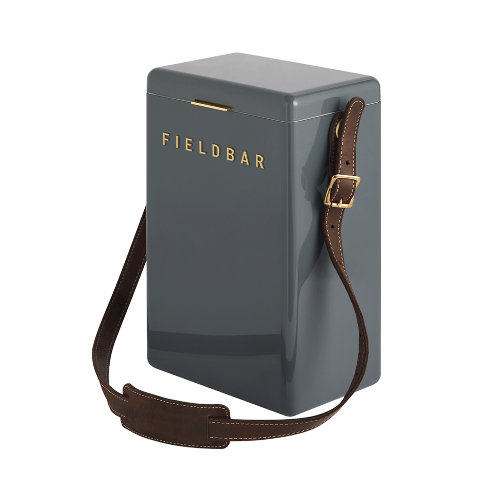 Front view of FIELDBAR Drinks Box Sling, Dark brown, adjustable from 124cm to 128cm, leather, comfortable on shoulder, shown attached with the cooler.