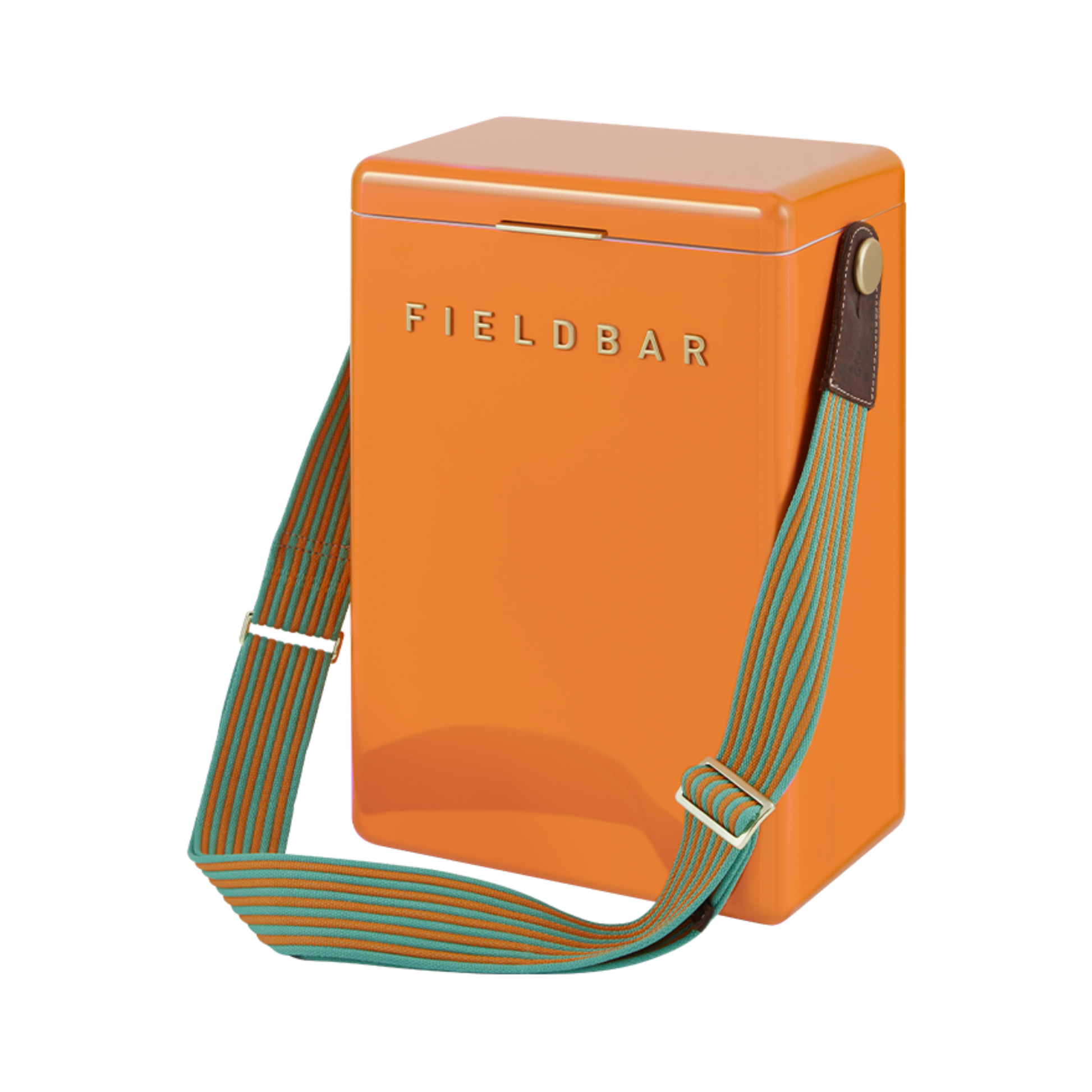 Front view of FIELD BAR Drinks Box Swing Sling, Orange orchard and Parisian green, adjustable from 94.5cm to 147cm, genuine leather, comfortable on shoulder, shown attached with the cooler.