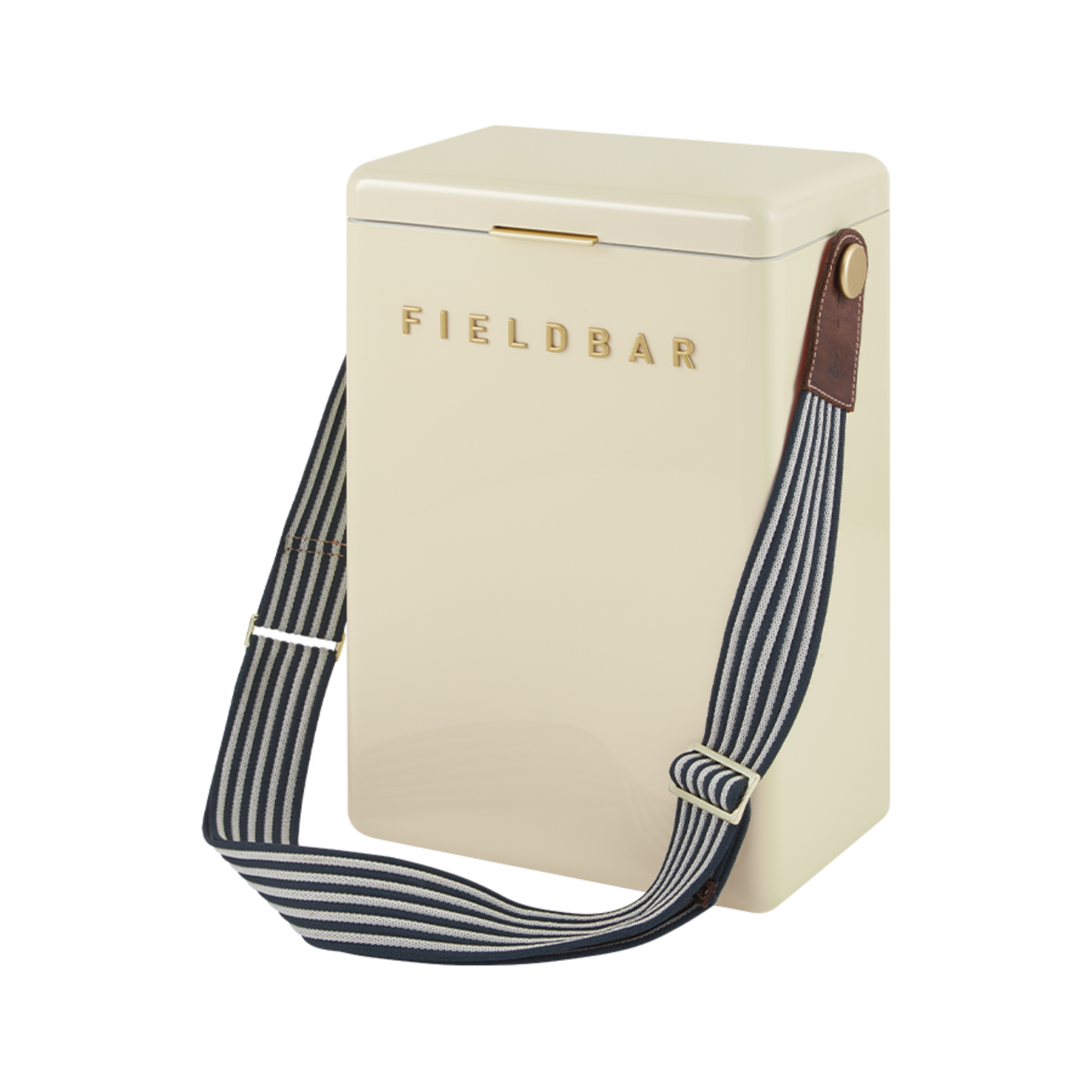 Front view of FIELD BAR Drinks Box Swing Sling, Sea boat blue and Safari white, adjustable from 94.5cm to 147cm, genuine leather, comfortable on shoulder, shown attached with cooler.