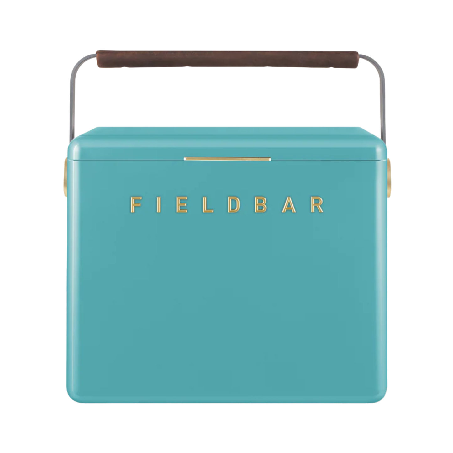 Front view of FIELDBAR Gin Trunk Bazaruto Blue - premium hardcase 24L cooler box in impact-resistant material with leather-wrapped handle, extruded aluminum carry handle, reflective heat-reducing finish, airtight gasket, BPA-free insulated interior, and 50-hour ice performance.