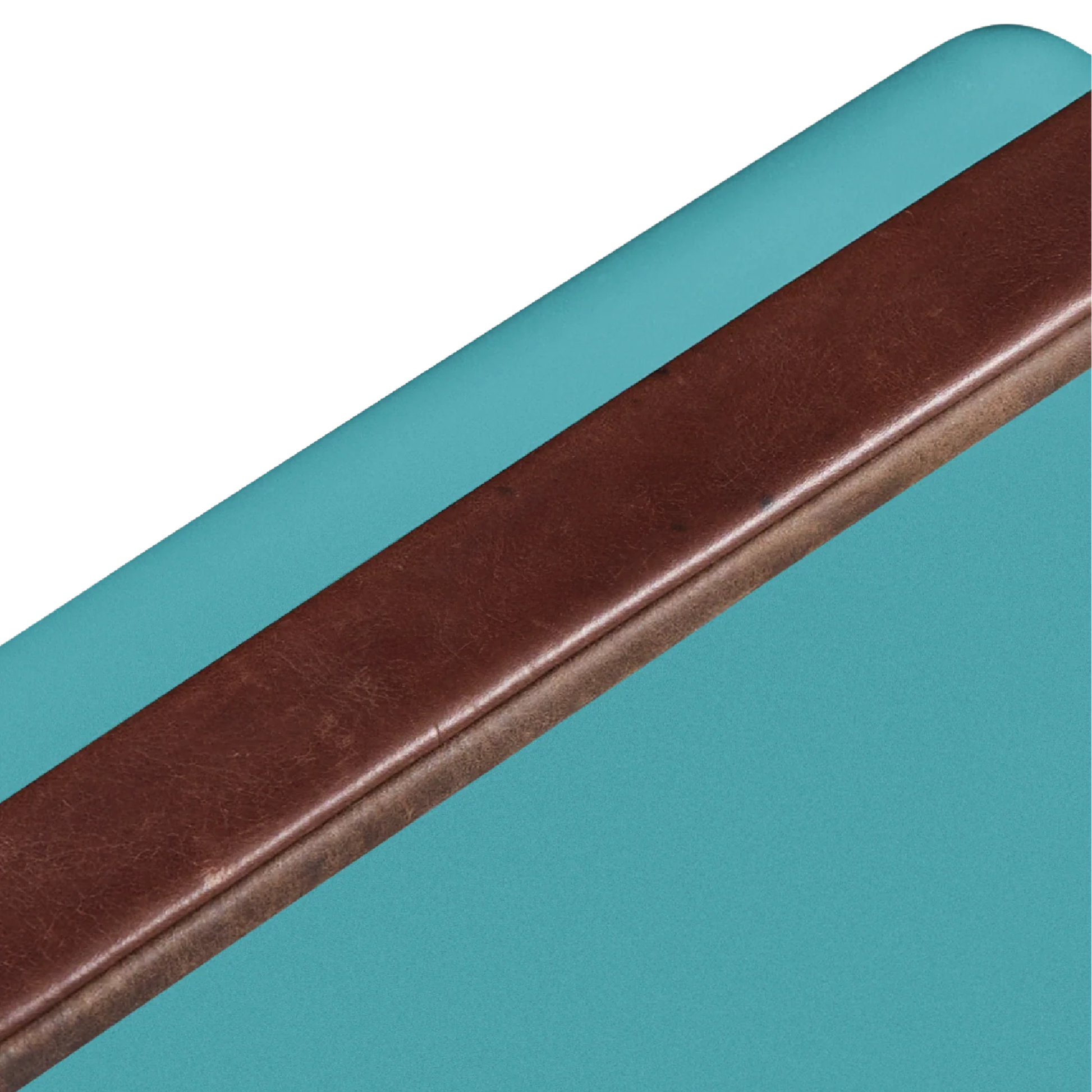 Upclose view of the leather wrapped handle of FIELDBAR Gin Trunk Bazaruto Blue - premium hardcase 24L cooler box in impact-resistant material with leather-wrapped handle, extruded aluminum carry handle, reflective heat-reducing finish, airtight gasket, BPA-free insulated interior, and 50-hour ice performance.