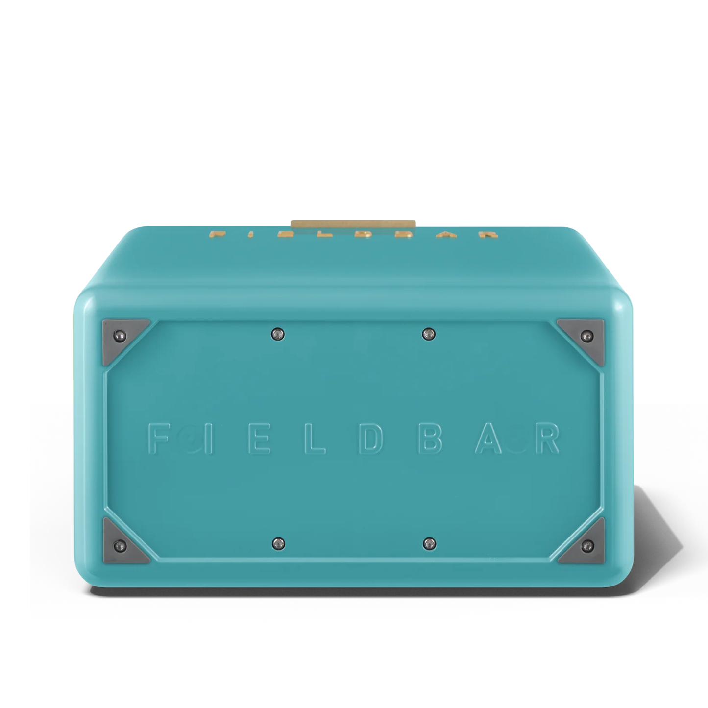 Bottom view with the Fieldbar name on it from FIELDBAR Gin Trunk Bazaruto Blue - premium hardcase 24L cooler box in impact-resistant material with leather-wrapped handle, extruded aluminum carry handle, reflective heat-reducing finish, airtight gasket, BPA-free insulated interior, and 50-hour ice performance.