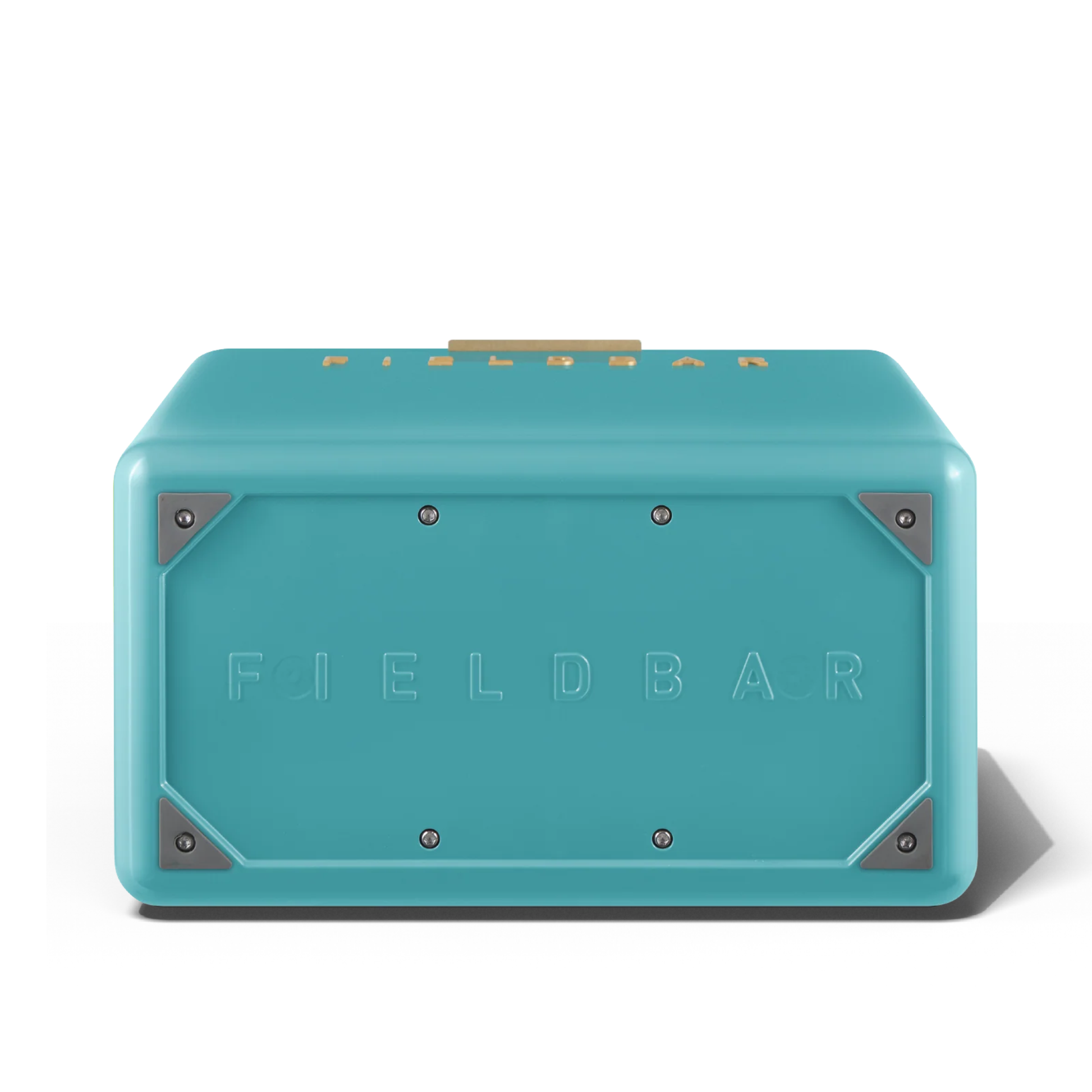 Bottom view with the Fieldbar name on it from FIELDBAR Gin Trunk Bazaruto Blue - premium hardcase 24L cooler box in impact-resistant material with leather-wrapped handle, extruded aluminum carry handle, reflective heat-reducing finish, airtight gasket, BPA-free insulated interior, and 50-hour ice performance.