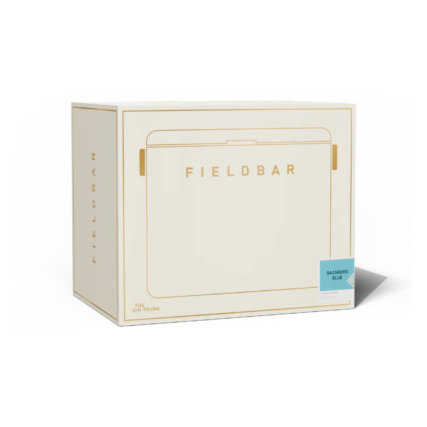 White-gold box packaging of FIELDBAR Gin Trunk Bazaruto Blue - premium hardcase 24L cooler box in impact-resistant material with leather-wrapped handle, extruded aluminum carry handle, reflective heat-reducing finish, airtight gasket, BPA-free insulated interior, and 50-hour ice performance.