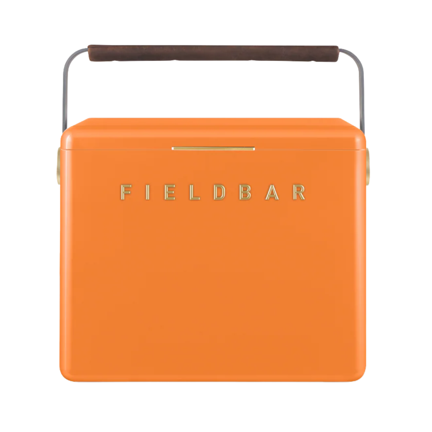 Front view of FIELDBAR Gin Trunk Orchard Orange - premium hardcase 24L insulated cooler box in impact-resistant material with leather-wrapped handle, extruded aluminum carry handle, reflective heat-reducing finish, airtight water- and air-sealed gasket, BPA-free interior, removable foam insulation, and 50-hour ice performance.