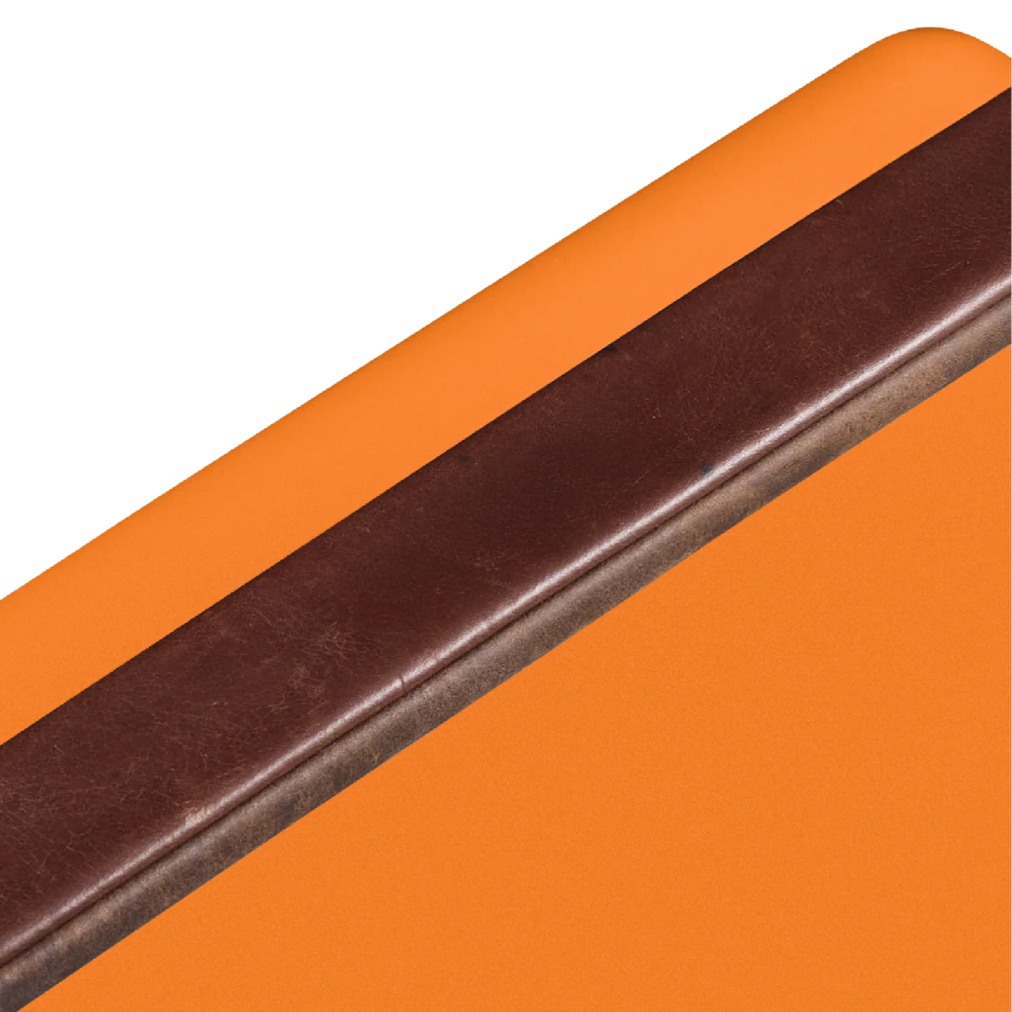 Upclose view of the leather wrapped handle of FIELDBAR Gin Trunk Orchard Orange - premium hardcase 24L insulated cooler box in impact-resistant material with leather-wrapped handle, extruded aluminum carry handle, reflective heat-reducing finish, airtight water- and air-sealed gasket, BPA-free interior, removable foam insulation, and 50-hour ice performance.