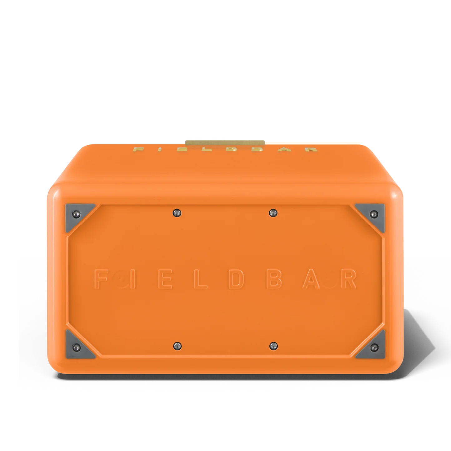 Bottom view with the Fieldbar name big lettering from FIELDBAR Gin Trunk Orchard Orange - premium hardcase 24L insulated cooler box in impact-resistant material with leather-wrapped handle, extruded aluminum carry handle, reflective heat-reducing finish, airtight water- and air-sealed gasket, BPA-free interior, removable foam insulation, and 50-hour ice performance.