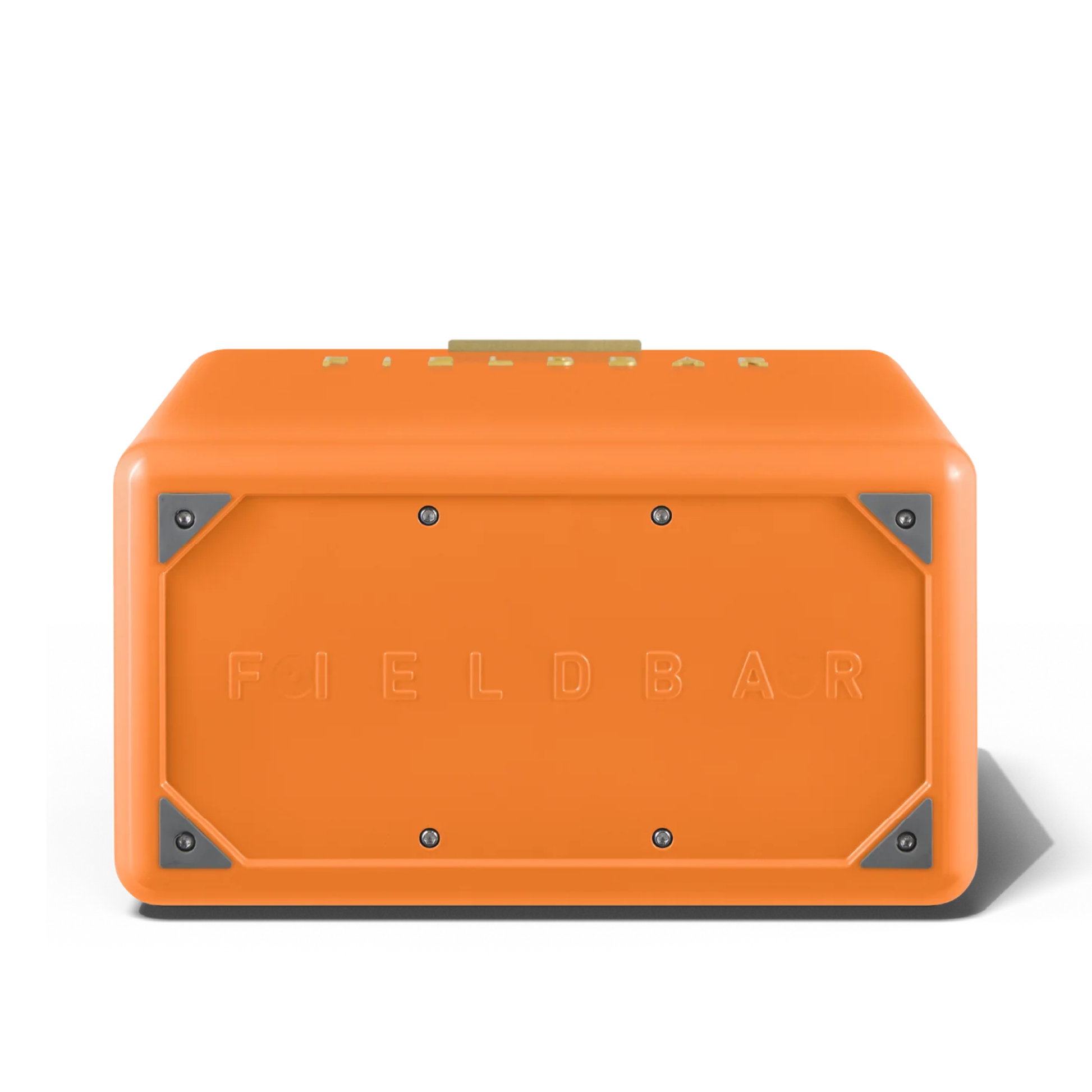Bottom view with the Fieldbar name big lettering from FIELDBAR Gin Trunk Orchard Orange - premium hardcase 24L insulated cooler box in impact-resistant material with leather-wrapped handle, extruded aluminum carry handle, reflective heat-reducing finish, airtight water- and air-sealed gasket, BPA-free interior, removable foam insulation, and 50-hour ice performance.