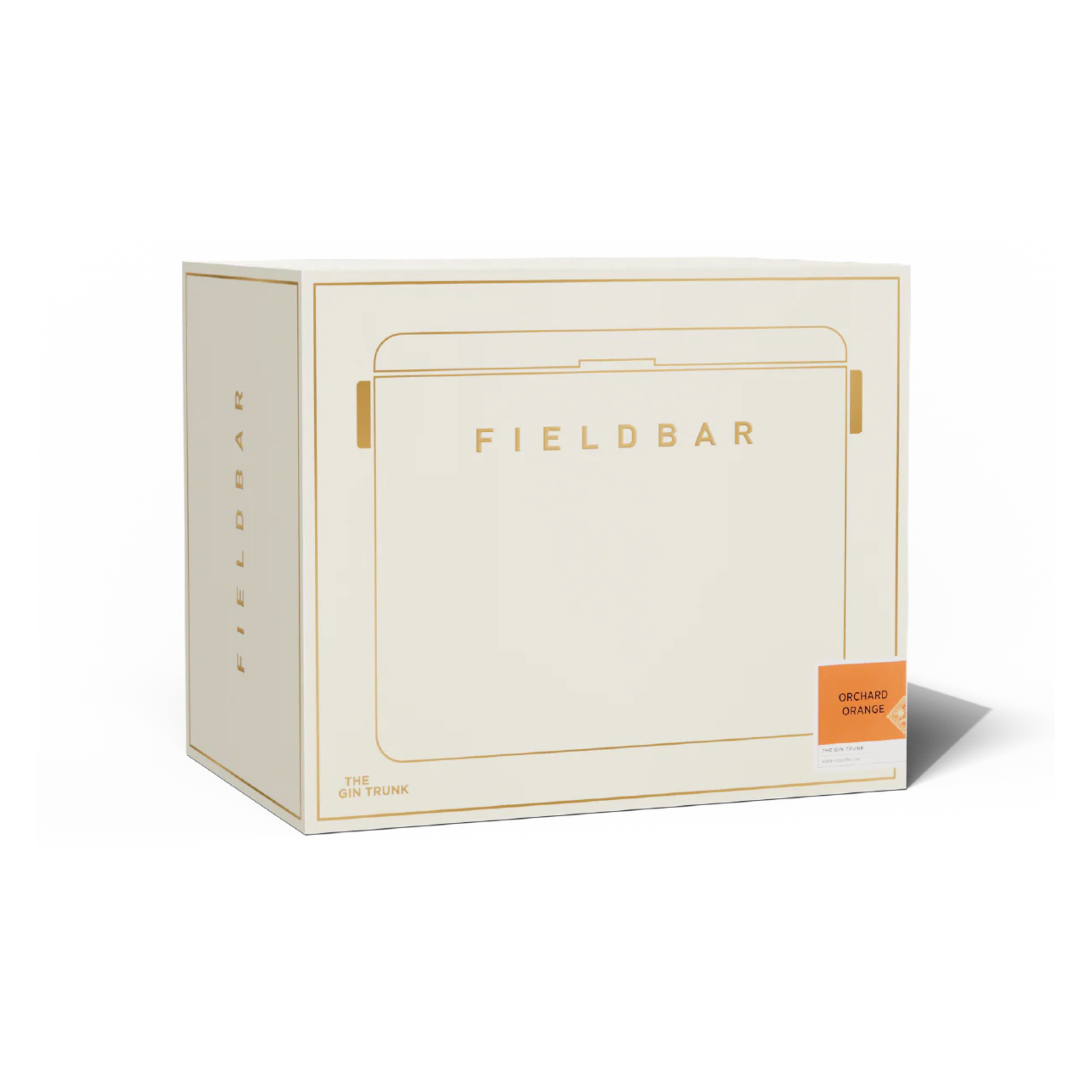 White-gold box packaging of FIELDBAR Gin Trunk Orchard Orange - premium hardcase 24L insulated cooler box in impact-resistant material with leather-wrapped handle, extruded aluminum carry handle, reflective heat-reducing finish, airtight water- and air-sealed gasket, BPA-free interior, removable foam insulation, and 50-hour ice performance.