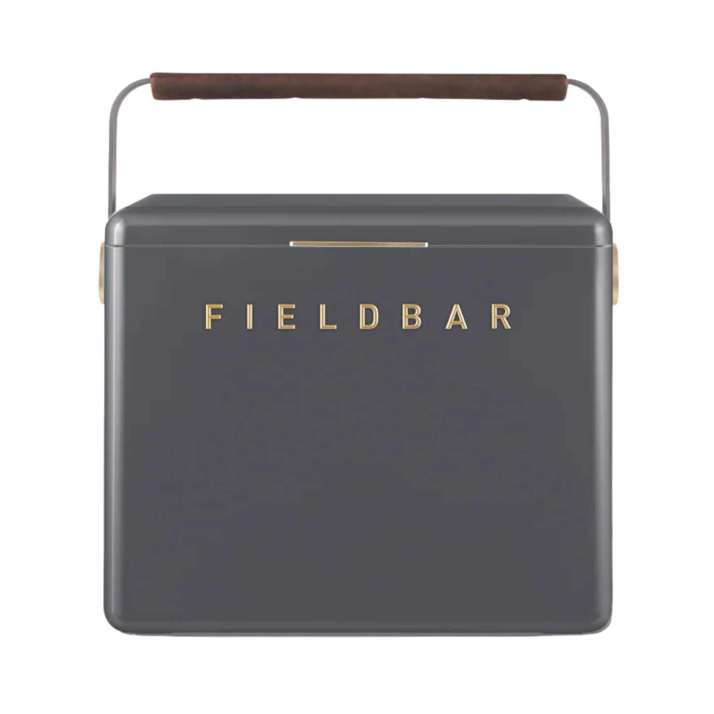 Front view of Fieldbar Gin Trunk hardcase cooler - oyster grey insulated box made with impact-resistant plastic, aluminium hardware, leather-wrapped handle, and BPA-free interior; 24L capacity with 50-hour champagne-cold performance.