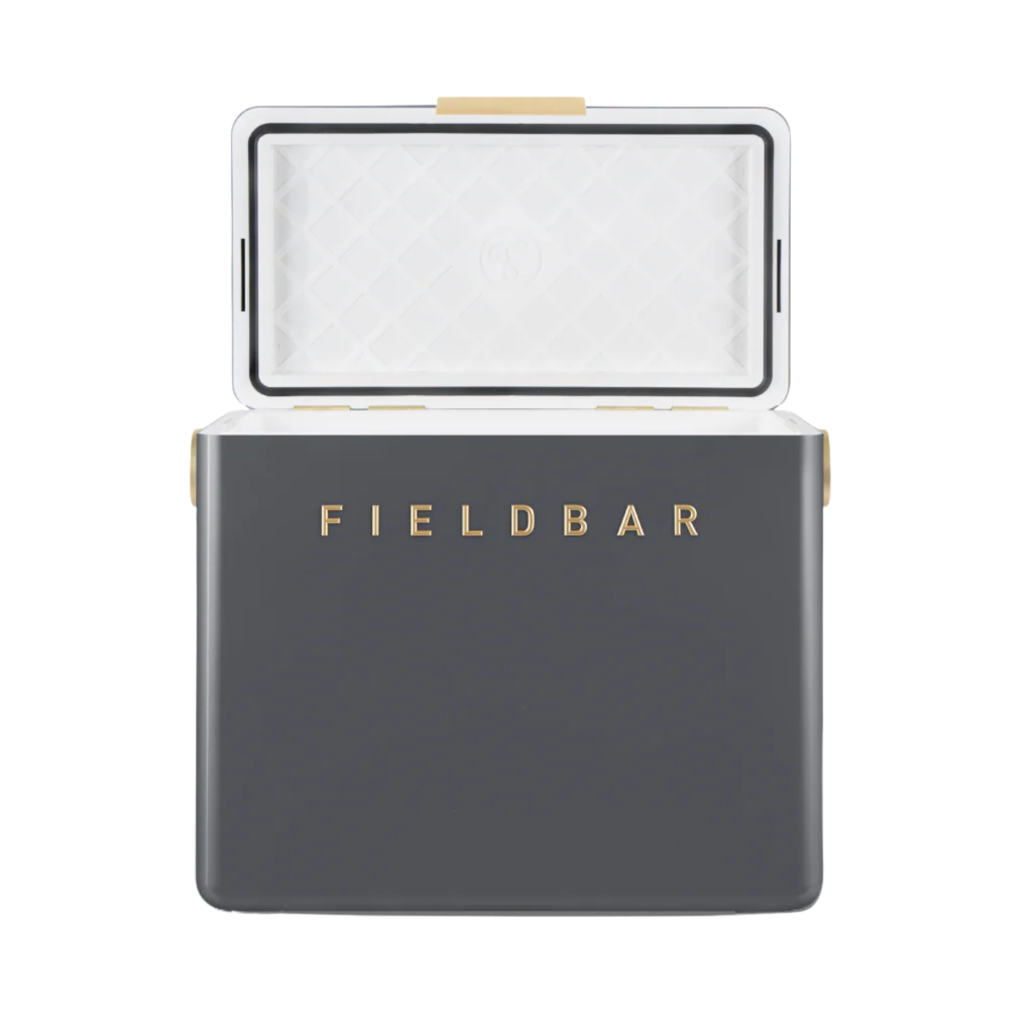 Front view of the open Fieldbar Gin Trunk hardcase cooler - oyster grey insulated box made with impact-resistant plastic, aluminium hardware, leather-wrapped handle, and BPA-free interior; 24L capacity with 50-hour champagne-cold performance.