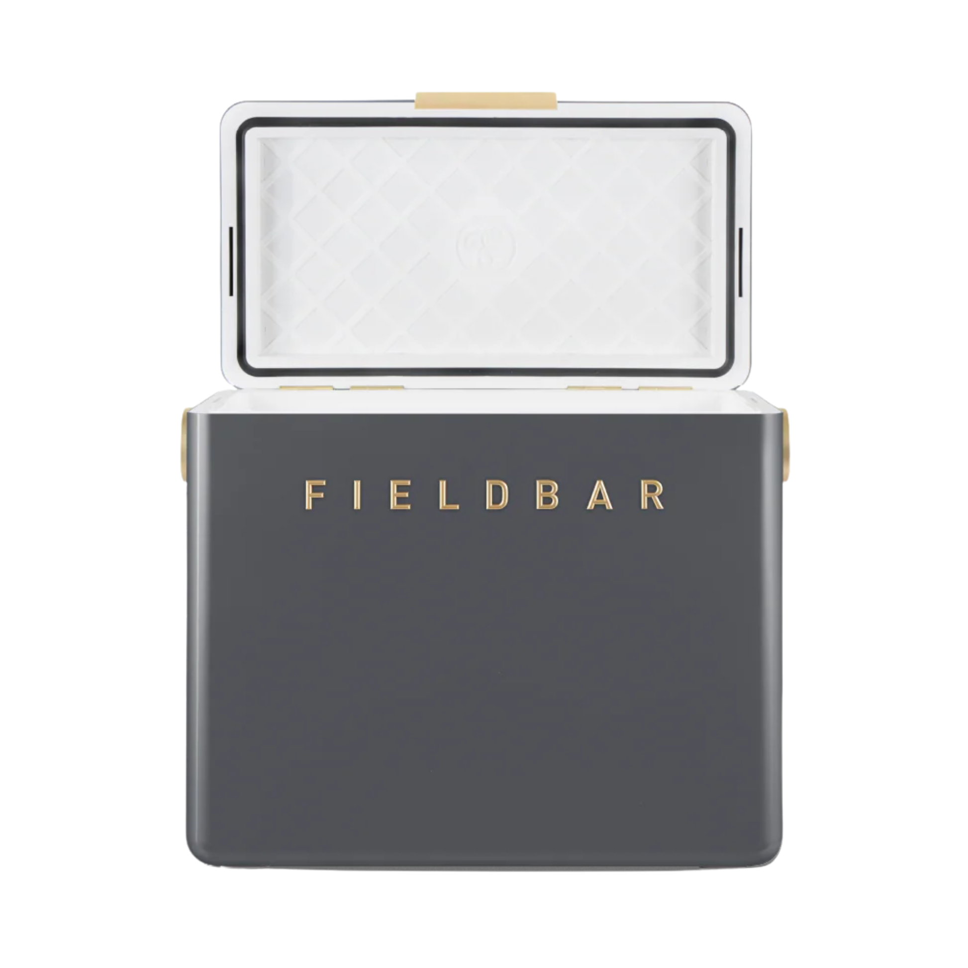 Front view of the open Fieldbar Gin Trunk hardcase cooler - oyster grey insulated box made with impact-resistant plastic, aluminium hardware, leather-wrapped handle, and BPA-free interior; 24L capacity with 50-hour champagne-cold performance.