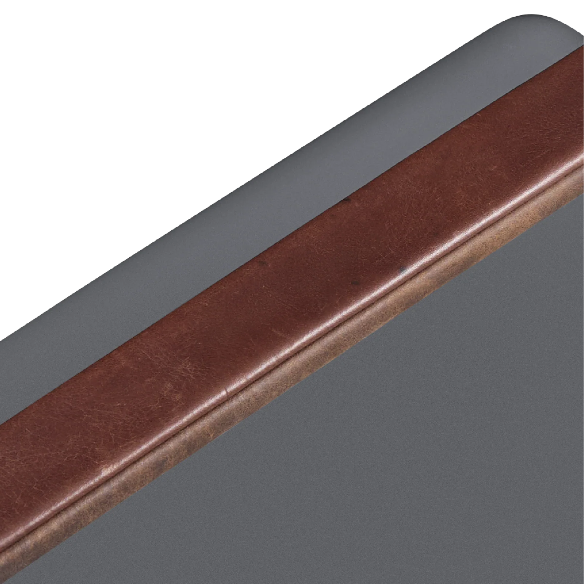 Upclose view of the leather wrapped handle from the Fieldbar Gin Trunk hardcase cooler - oyster grey insulated box made with impact-resistant plastic, aluminium hardware, leather-wrapped handle, and BPA-free interior; 24L capacity with 50-hour champagne-cold performance.