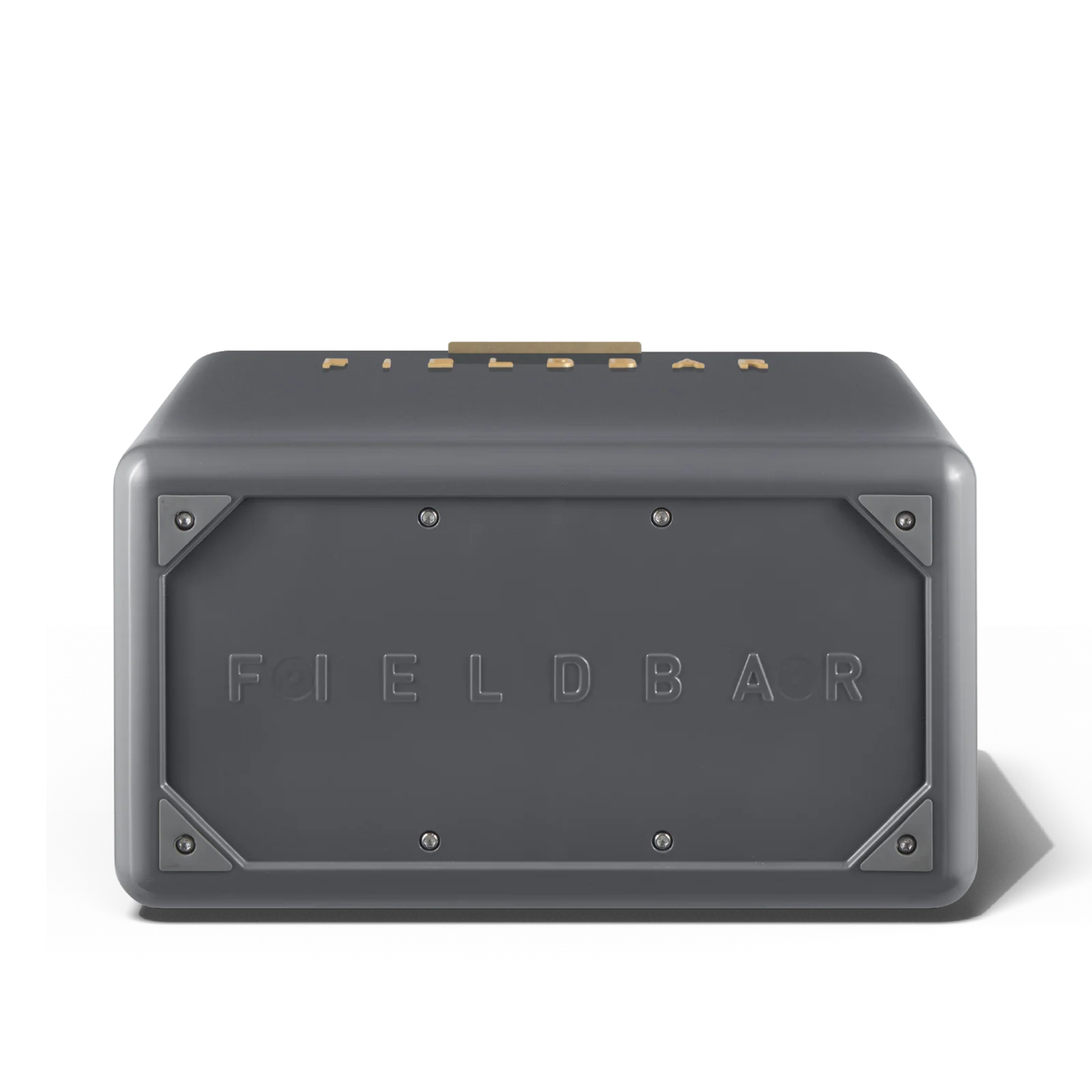 Fieldbar big lettering on the bottom of Fieldbar Gin Trunk hardcase cooler - oyster grey insulated box made with impact-resistant plastic, aluminium hardware, leather-wrapped handle, and BPA-free interior; 24L capacity with 50-hour champagne-cold performance.