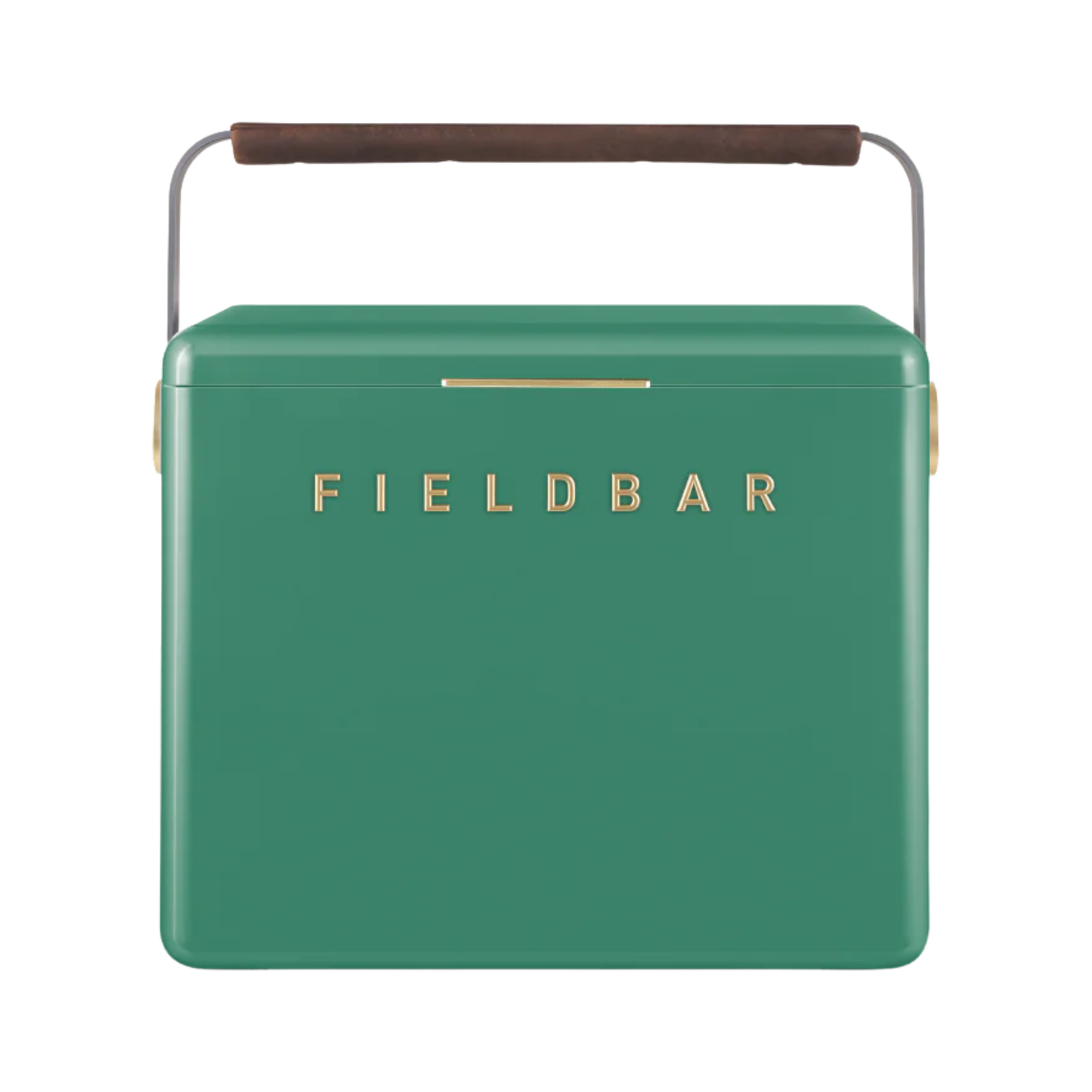 Front view of FIELDBAR Gin Trunk Parisian Green - premium hardcase cooler box in impact-resistant material with genuine leather handle wrap, extruded aluminum handle, reflective paint, airtight gasket, BPA-free interior, and 24L capacity for keeping drinks cold up to 50 hours.