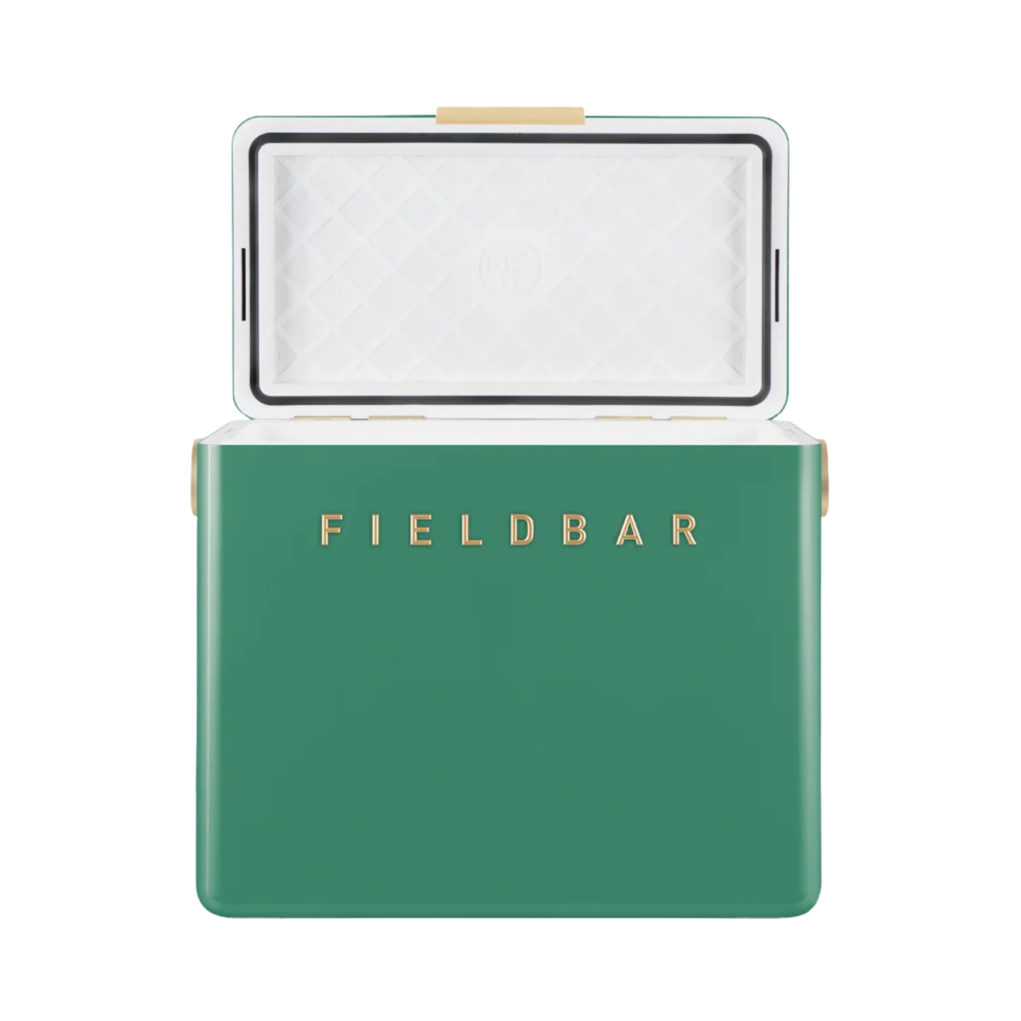 Front view and open FIELDBAR Gin Trunk Parisian Green - premium hardcase cooler box in impact-resistant material with genuine leather handle wrap, extruded aluminum handle, reflective paint, airtight gasket, BPA-free interior, and 24L capacity for keeping drinks cold up to 50 hours.