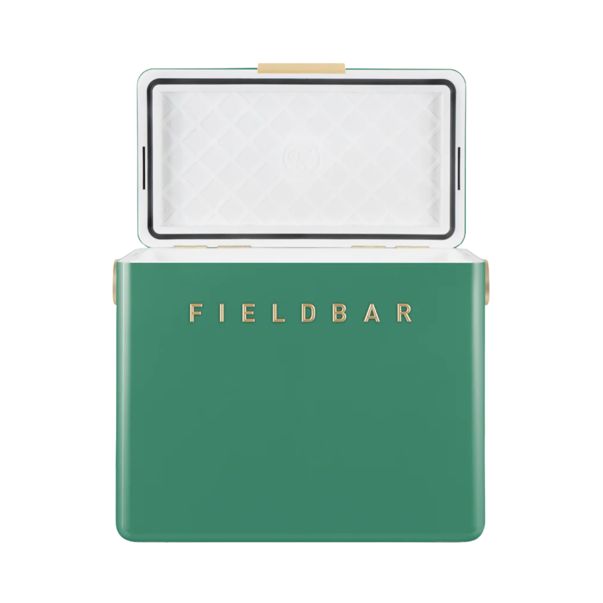 Front view and open FIELDBAR Gin Trunk Parisian Green - premium hardcase cooler box in impact-resistant material with genuine leather handle wrap, extruded aluminum handle, reflective paint, airtight gasket, BPA-free interior, and 24L capacity for keeping drinks cold up to 50 hours.