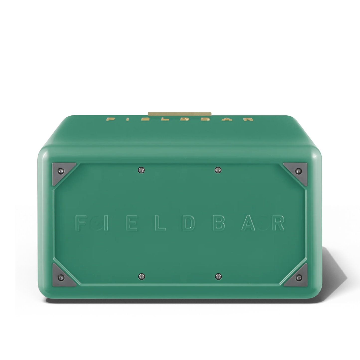Bottom view with Fieldbar name on it from FIELDBAR Gin Trunk Parisian Green - premium hardcase cooler box in impact-resistant material with genuine leather handle wrap, extruded aluminum handle, reflective paint, airtight gasket, BPA-free interior, and 24L capacity for keeping drinks cold up to 50 hours.