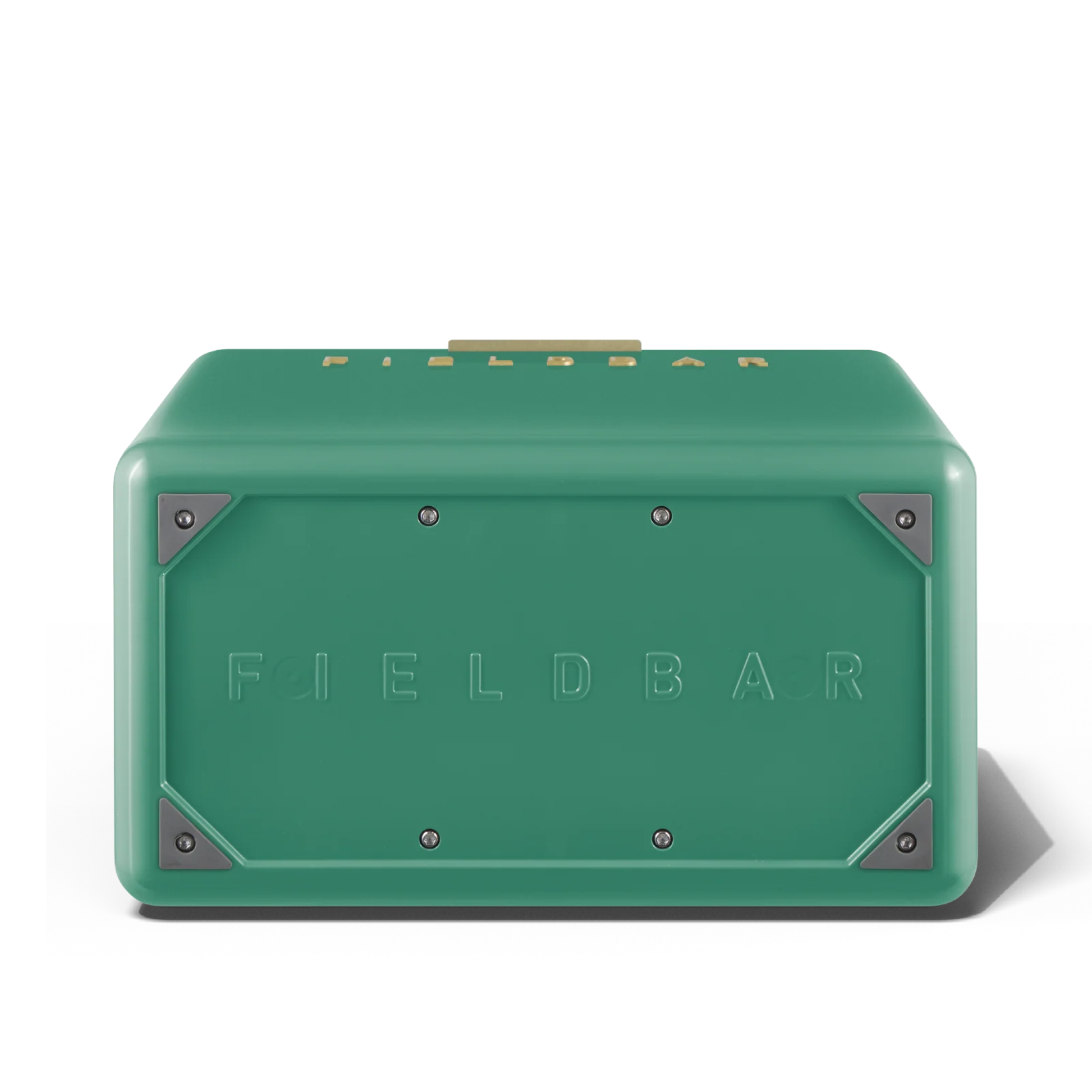 Bottom view with Fieldbar name on it from FIELDBAR Gin Trunk Parisian Green - premium hardcase cooler box in impact-resistant material with genuine leather handle wrap, extruded aluminum handle, reflective paint, airtight gasket, BPA-free interior, and 24L capacity for keeping drinks cold up to 50 hours.