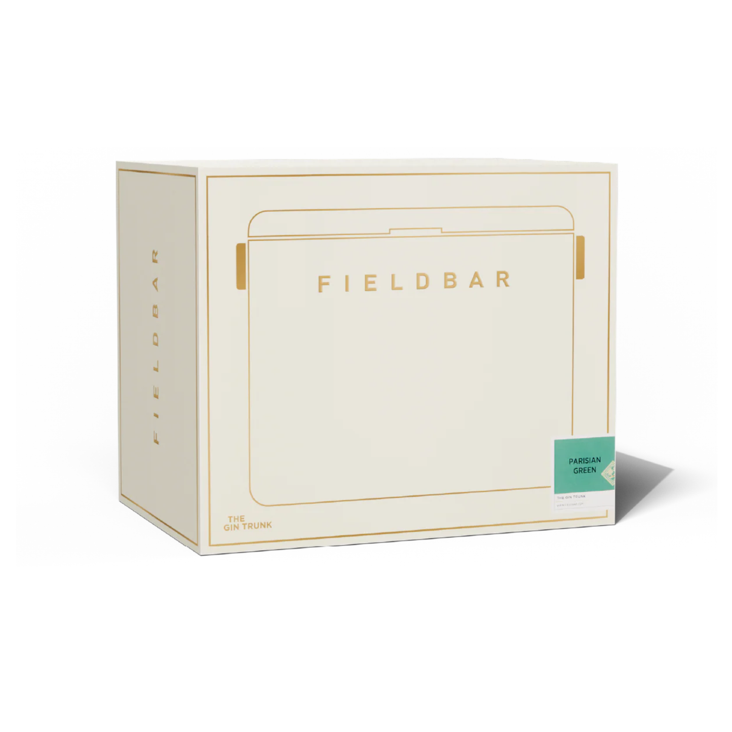 White-gold box packaging of FIELDBAR Gin Trunk Parisian Green - premium hardcase cooler box in impact-resistant material with genuine leather handle wrap, extruded aluminum handle, reflective paint, airtight gasket, BPA-free interior, and 24L capacity for keeping drinks cold up to 50 hours.