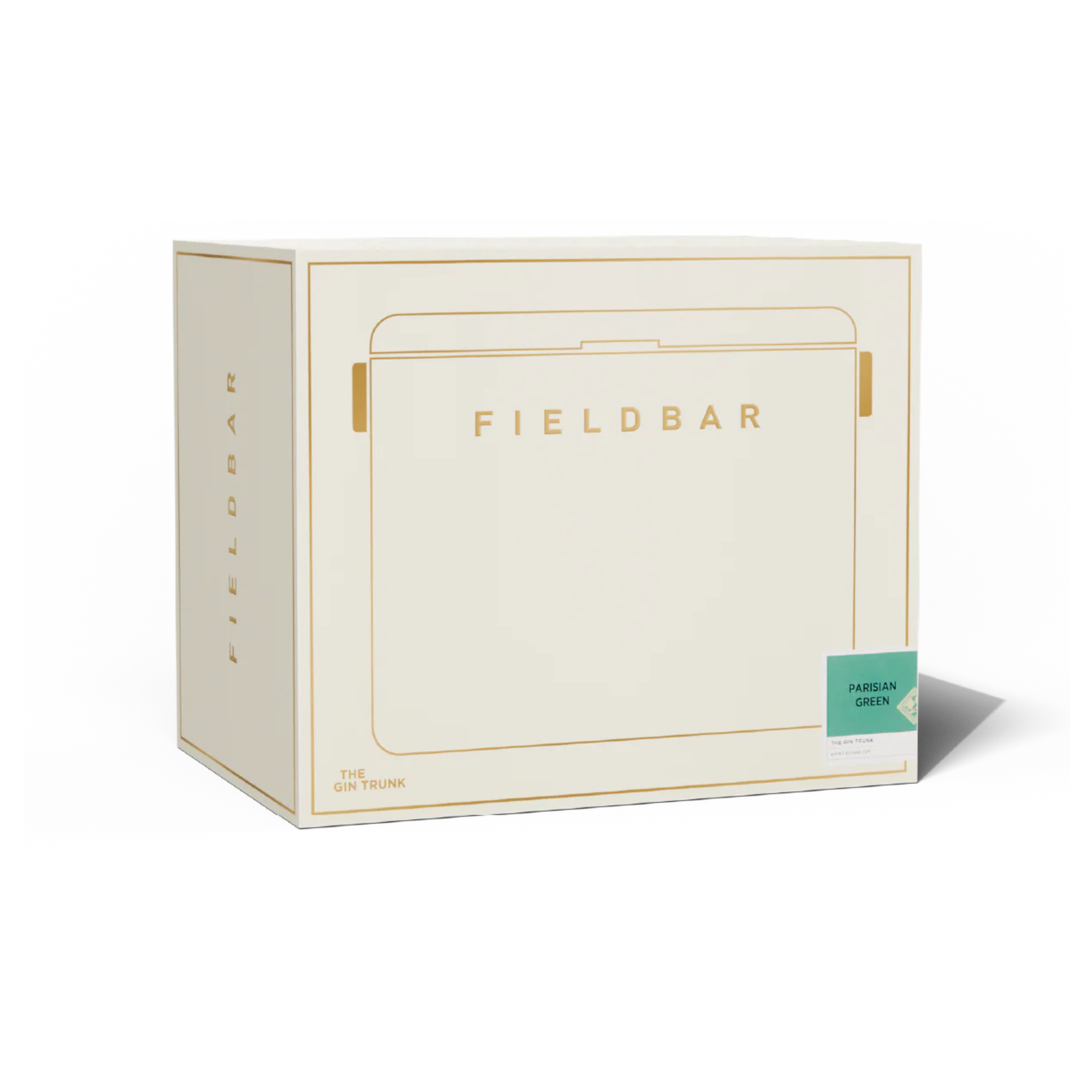 White-gold box packaging of FIELDBAR Gin Trunk Parisian Green - premium hardcase cooler box in impact-resistant material with genuine leather handle wrap, extruded aluminum handle, reflective paint, airtight gasket, BPA-free interior, and 24L capacity for keeping drinks cold up to 50 hours.