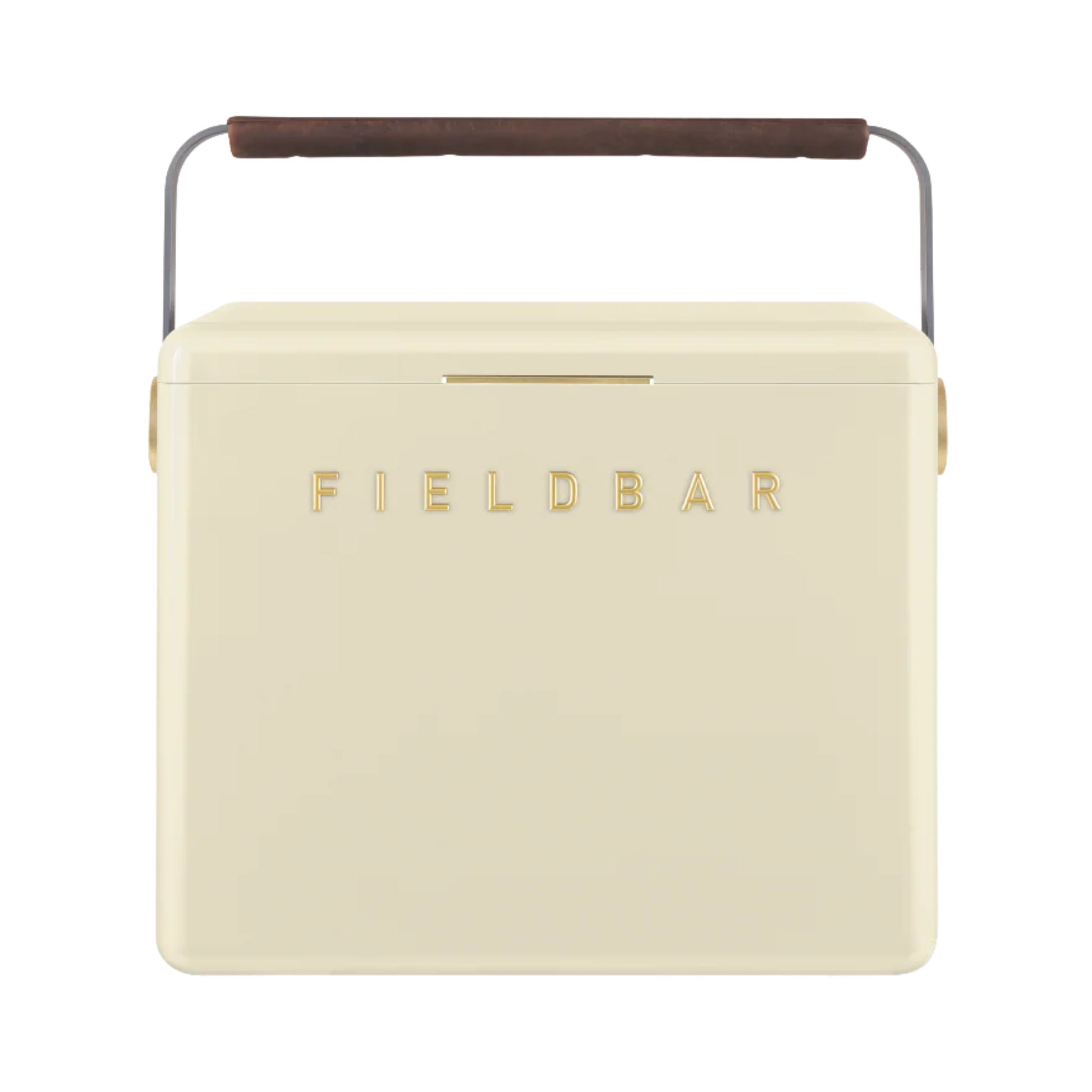 Front view of FIELDBAR Gin Trunk Safari White - premium hardcase 24L insulated cooler box in white impact-resistant material with leather-wrapped handle, extruded aluminum carry handle, reflective heat-reducing finish, airtight water- and air-sealed gasket, BPA-free interior, removable high-performance insulation, and 50-hour ice retention.