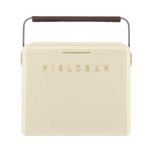 Front view of FIELDBAR Gin Trunk Safari White - premium hardcase 24L insulated cooler box in white impact-resistant material with leather-wrapped handle, extruded aluminum carry handle, reflective heat-reducing finish, airtight water- and air-sealed gasket, BPA-free interior, removable high-performance insulation, and 50-hour ice retention.