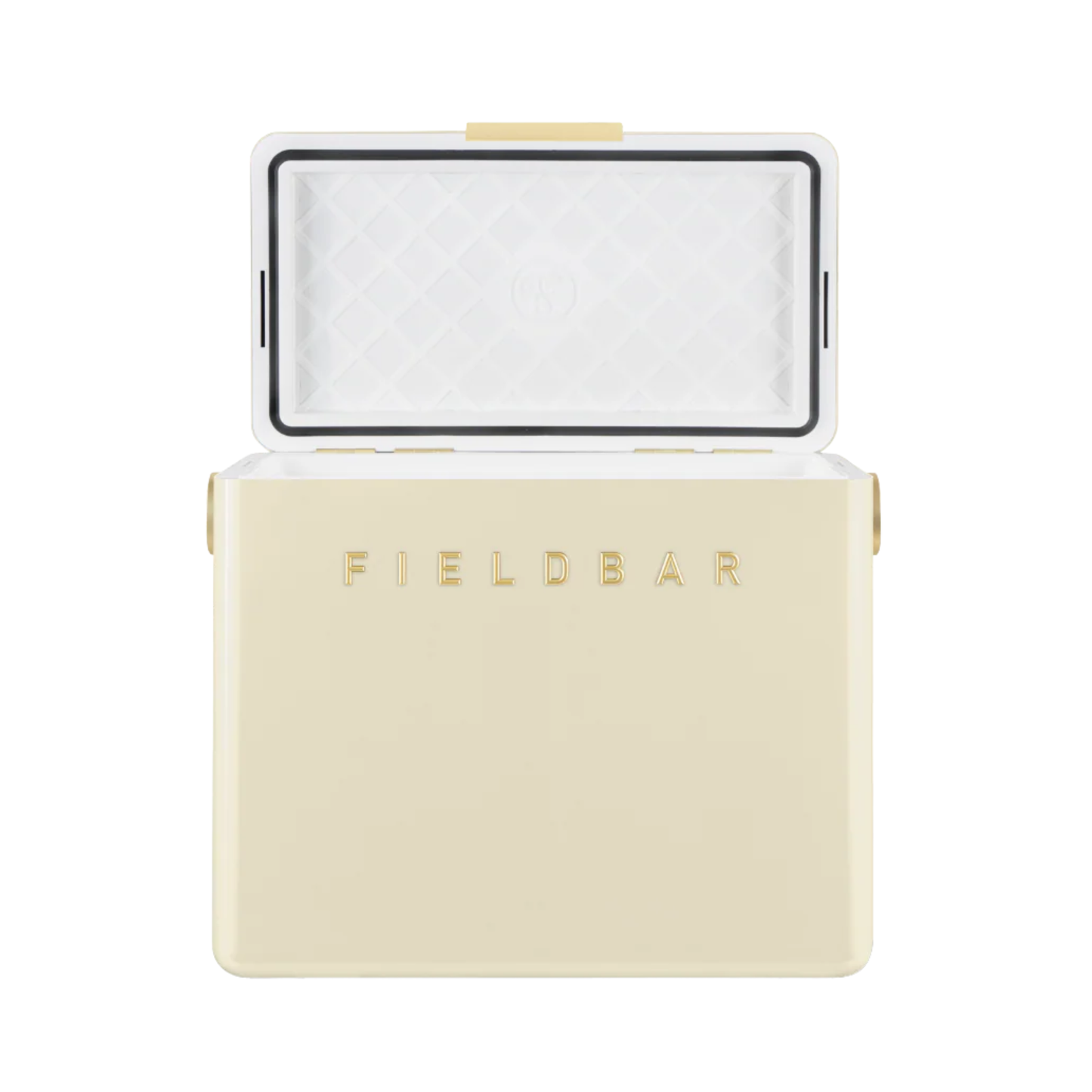 Front view of open FIELDBAR Gin Trunk Safari White - premium hardcase 24L insulated cooler box in white impact-resistant material with leather-wrapped handle, extruded aluminum carry handle, reflective heat-reducing finish, airtight water- and air-sealed gasket, BPA-free interior, removable high-performance insulation, and 50-hour ice retention.