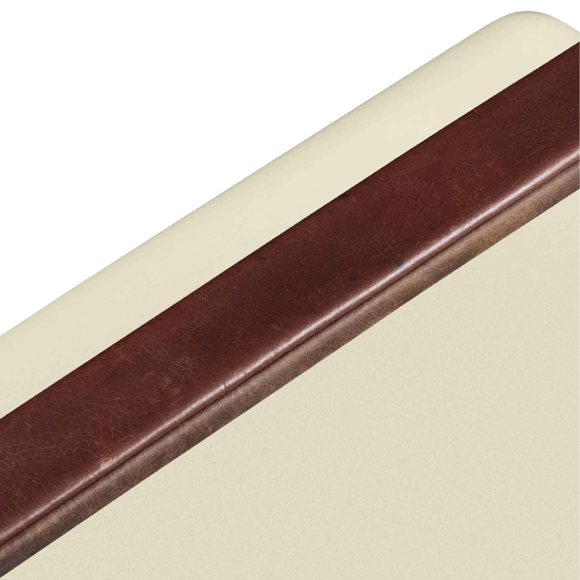 Upclose view of the leather wrapped handle of FIELDBAR Gin Trunk Safari White - premium hardcase 24L insulated cooler box in white impact-resistant material with leather-wrapped handle, extruded aluminum carry handle, reflective heat-reducing finish, airtight water- and air-sealed gasket, BPA-free interior, removable high-performance insulation, and 50-hour ice retention.