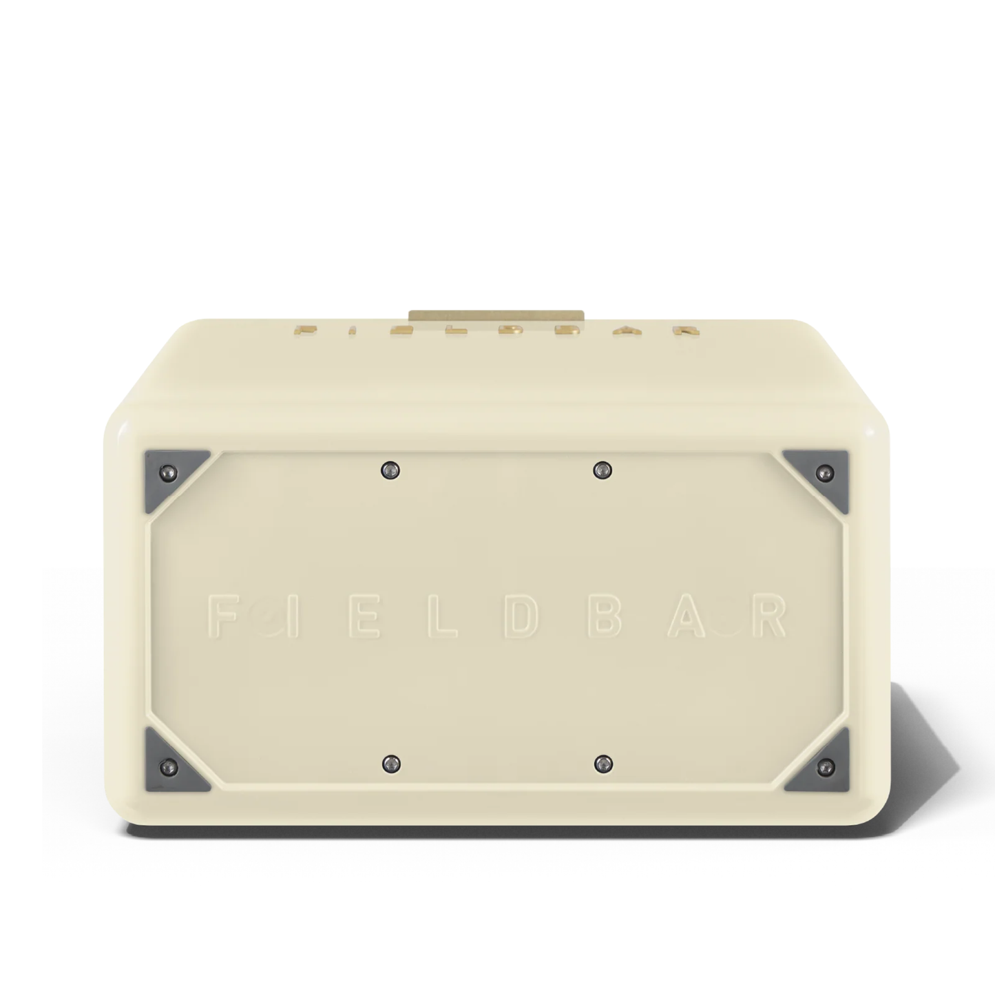 Bottom view with the Fieldbar name big lettering from FIELDBAR Gin Trunk Safari White - premium hardcase 24L insulated cooler box in white impact-resistant material with leather-wrapped handle, extruded aluminum carry handle, reflective heat-reducing finish, airtight water- and air-sealed gasket, BPA-free interior, removable high-performance insulation, and 50-hour ice retention.