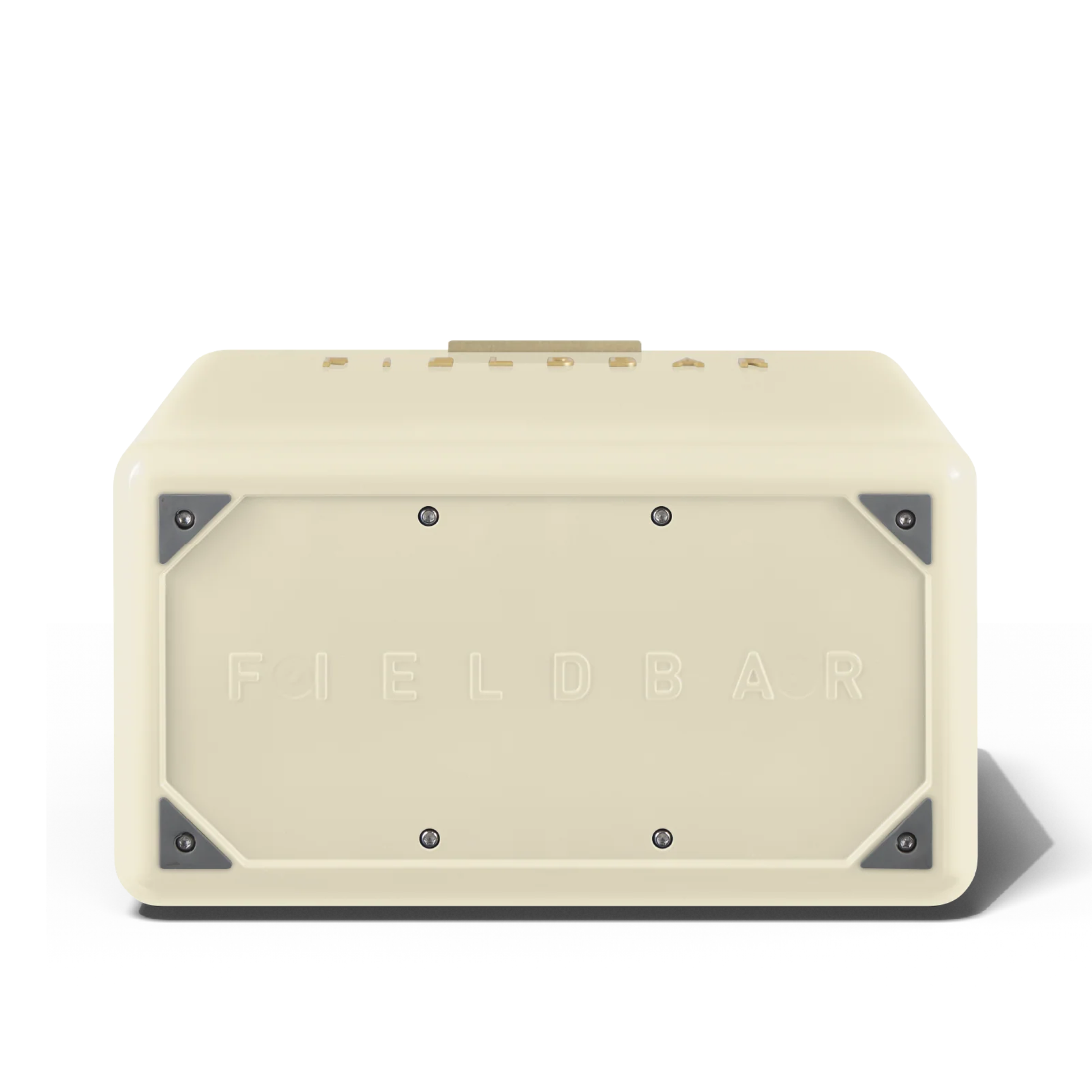 Bottom view with the Fieldbar name big lettering from FIELDBAR Gin Trunk Safari White - premium hardcase 24L insulated cooler box in white impact-resistant material with leather-wrapped handle, extruded aluminum carry handle, reflective heat-reducing finish, airtight water- and air-sealed gasket, BPA-free interior, removable high-performance insulation, and 50-hour ice retention.