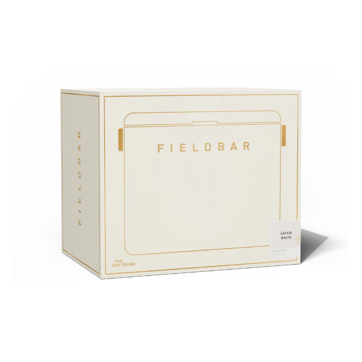 White-gold box packaging of FIELDBAR Gin Trunk Safari White - premium hardcase 24L insulated cooler box in white impact-resistant material with leather-wrapped handle, extruded aluminum carry handle, reflective heat-reducing finish, airtight water- and air-sealed gasket, BPA-free interior, removable high-performance insulation, and 50-hour ice retention.