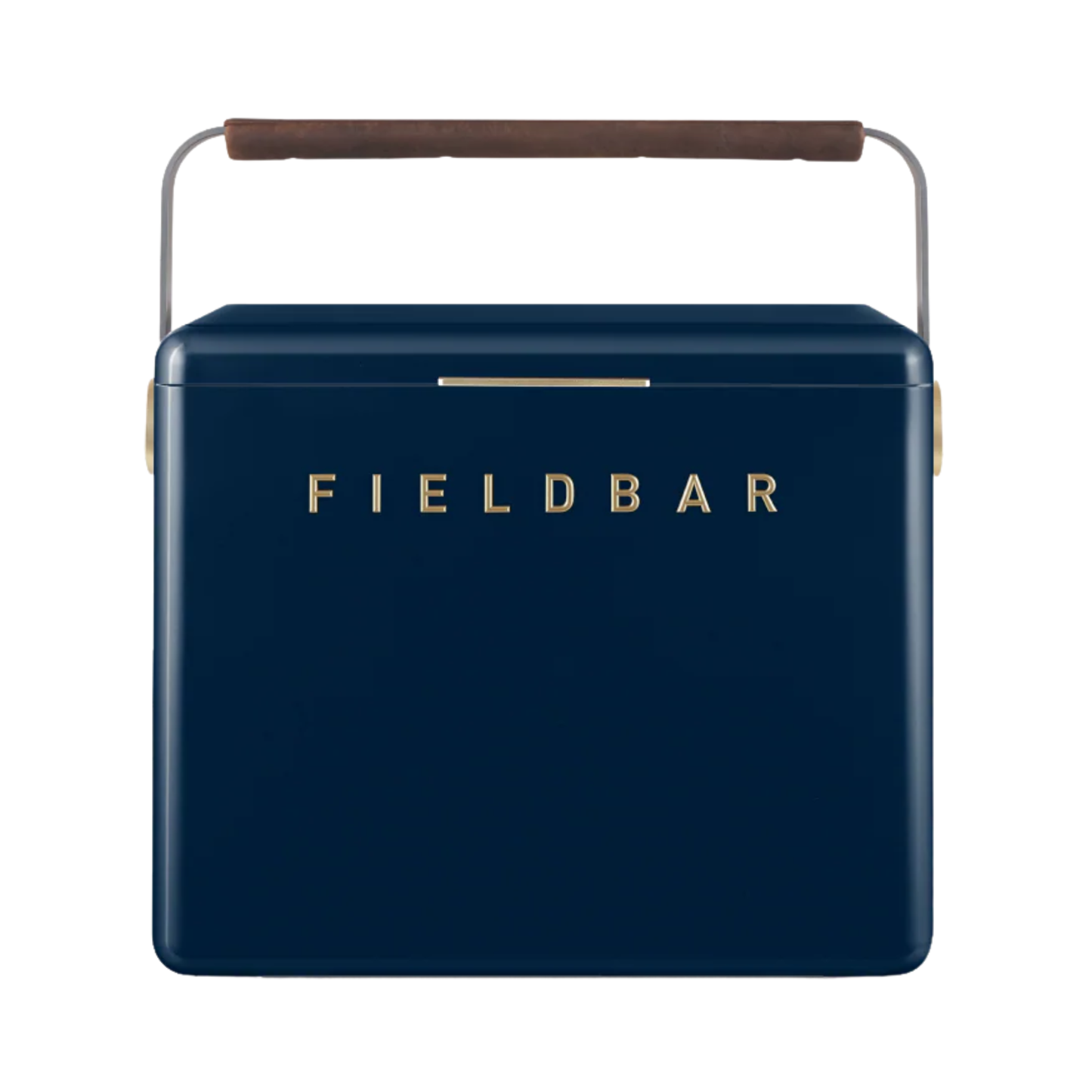 Front view of FIELDBAR Gin Trunk Sea Boat Blue - premium hardcase 24L insulated cooler box in blue impact-resistant material with leather-wrapped handle, extruded aluminum carry handle, reflective heat-reducing paint, airtight water- and air-sealed gasket, BPA-free easy-clean interior, removable high-performance insulation, and 50-hour ice retention.