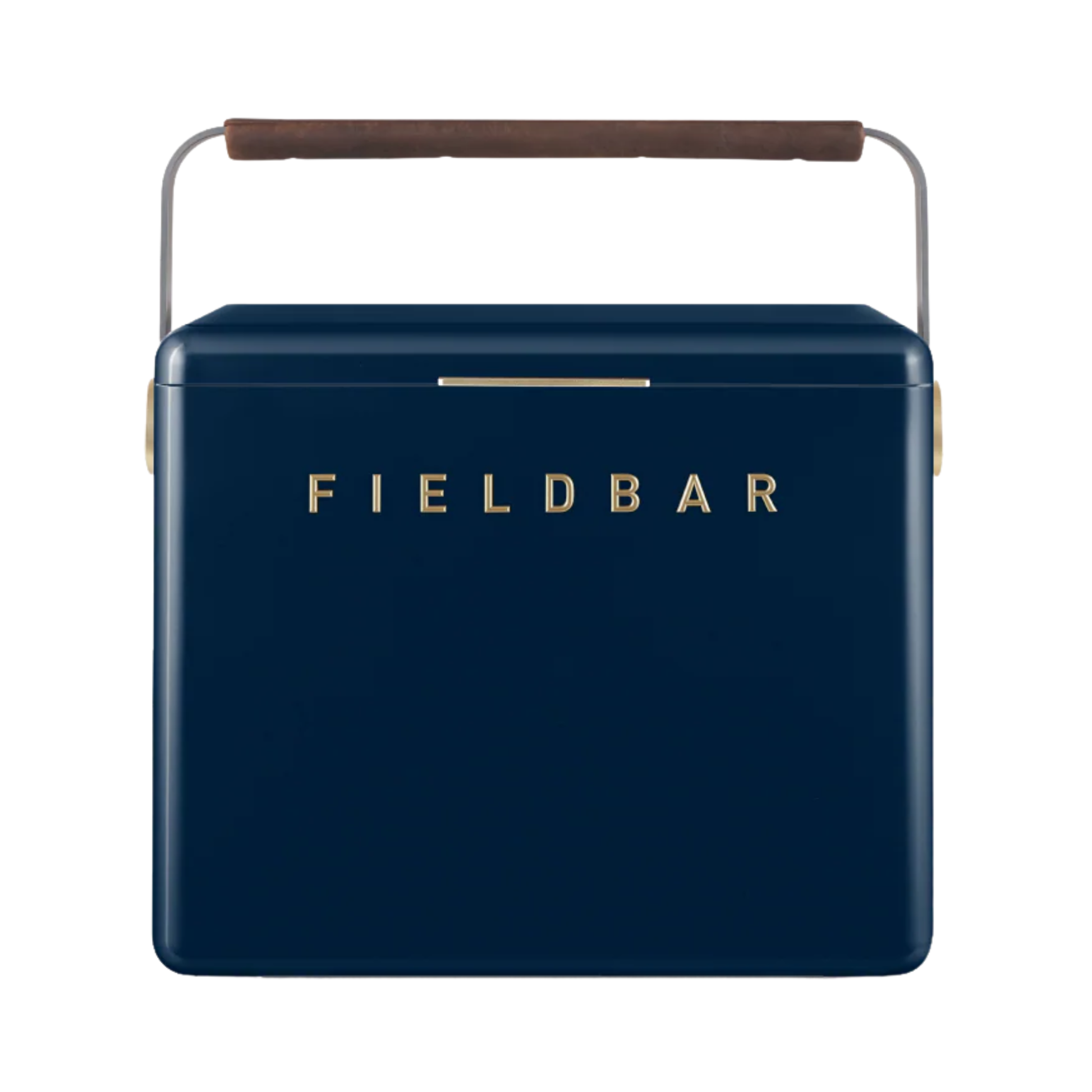 Front view of FIELDBAR Gin Trunk Sea Boat Blue - premium hardcase 24L insulated cooler box in blue impact-resistant material with leather-wrapped handle, extruded aluminum carry handle, reflective heat-reducing paint, airtight water- and air-sealed gasket, BPA-free easy-clean interior, removable high-performance insulation, and 50-hour ice retention.