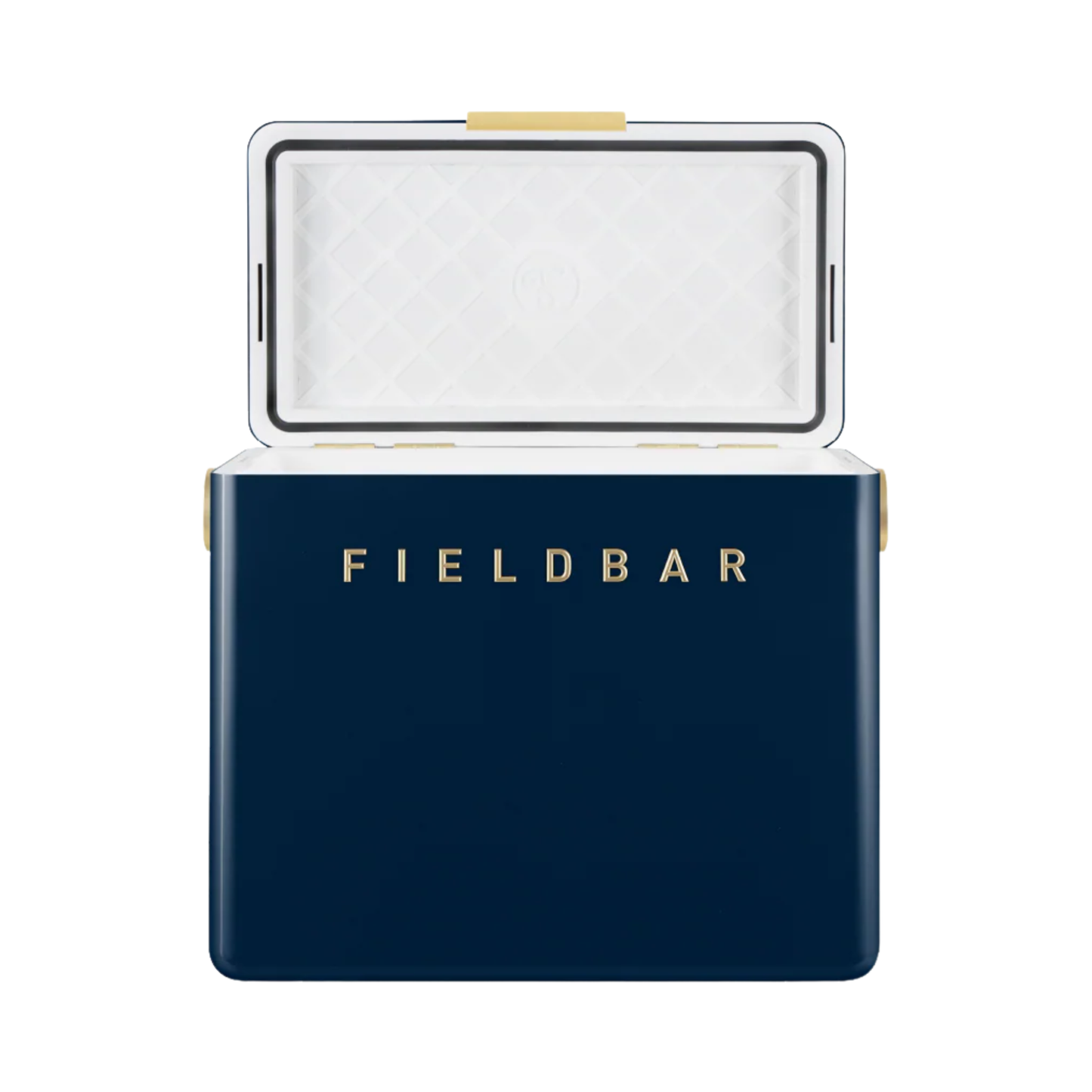 Front view of open FIELDBAR Gin Trunk Sea Boat Blue - premium hardcase 24L insulated cooler box in blue impact-resistant material with leather-wrapped handle, extruded aluminum carry handle, reflective heat-reducing paint, airtight water- and air-sealed gasket, BPA-free easy-clean interior, removable high-performance insulation, and 50-hour ice retention.