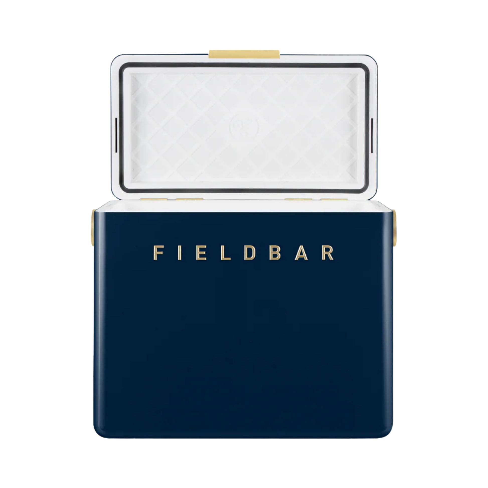 Front view of open FIELDBAR Gin Trunk Sea Boat Blue - premium hardcase 24L insulated cooler box in blue impact-resistant material with leather-wrapped handle, extruded aluminum carry handle, reflective heat-reducing paint, airtight water- and air-sealed gasket, BPA-free easy-clean interior, removable high-performance insulation, and 50-hour ice retention.