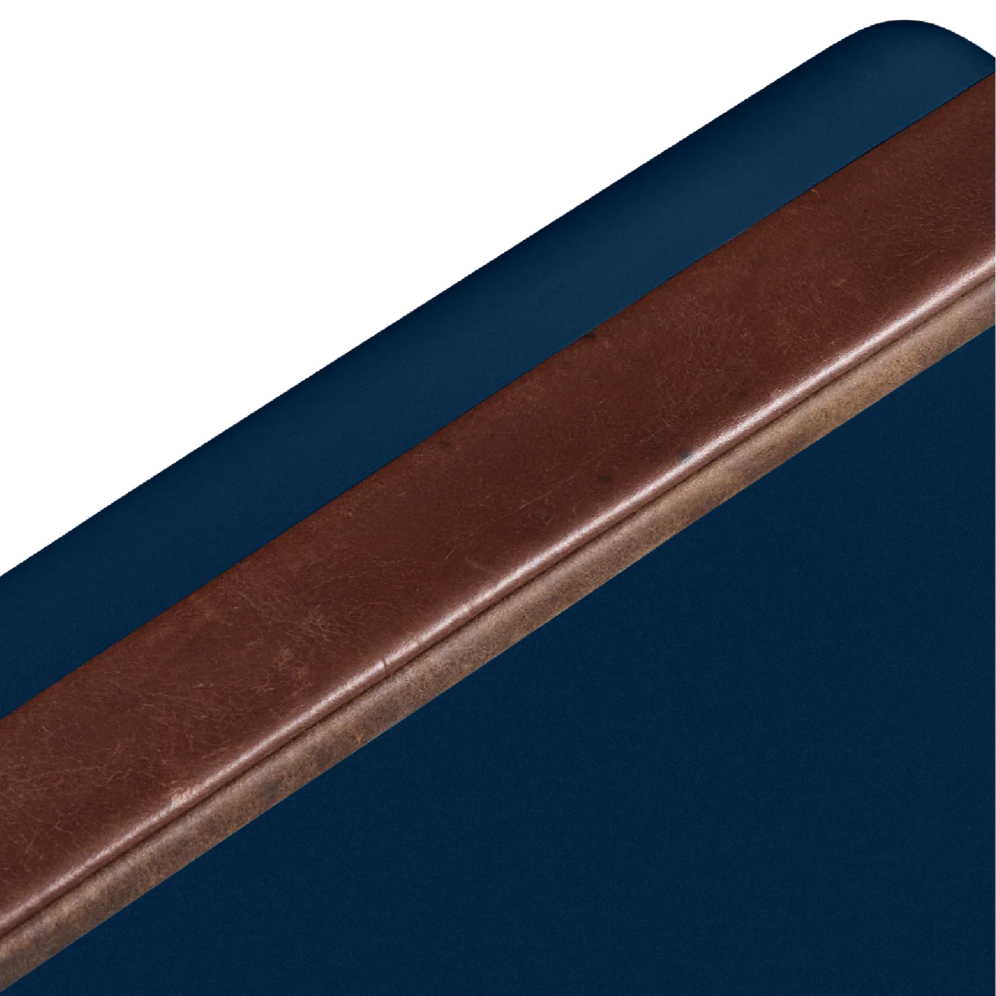 Upclose view of the leather wrapped handle from FIELDBAR Gin Trunk Sea Boat Blue - premium hardcase 24L insulated cooler box in blue impact-resistant material with leather-wrapped handle, extruded aluminum carry handle, reflective heat-reducing paint, airtight water- and air-sealed gasket, BPA-free easy-clean interior, removable high-performance insulation, and 50-hour ice retention.