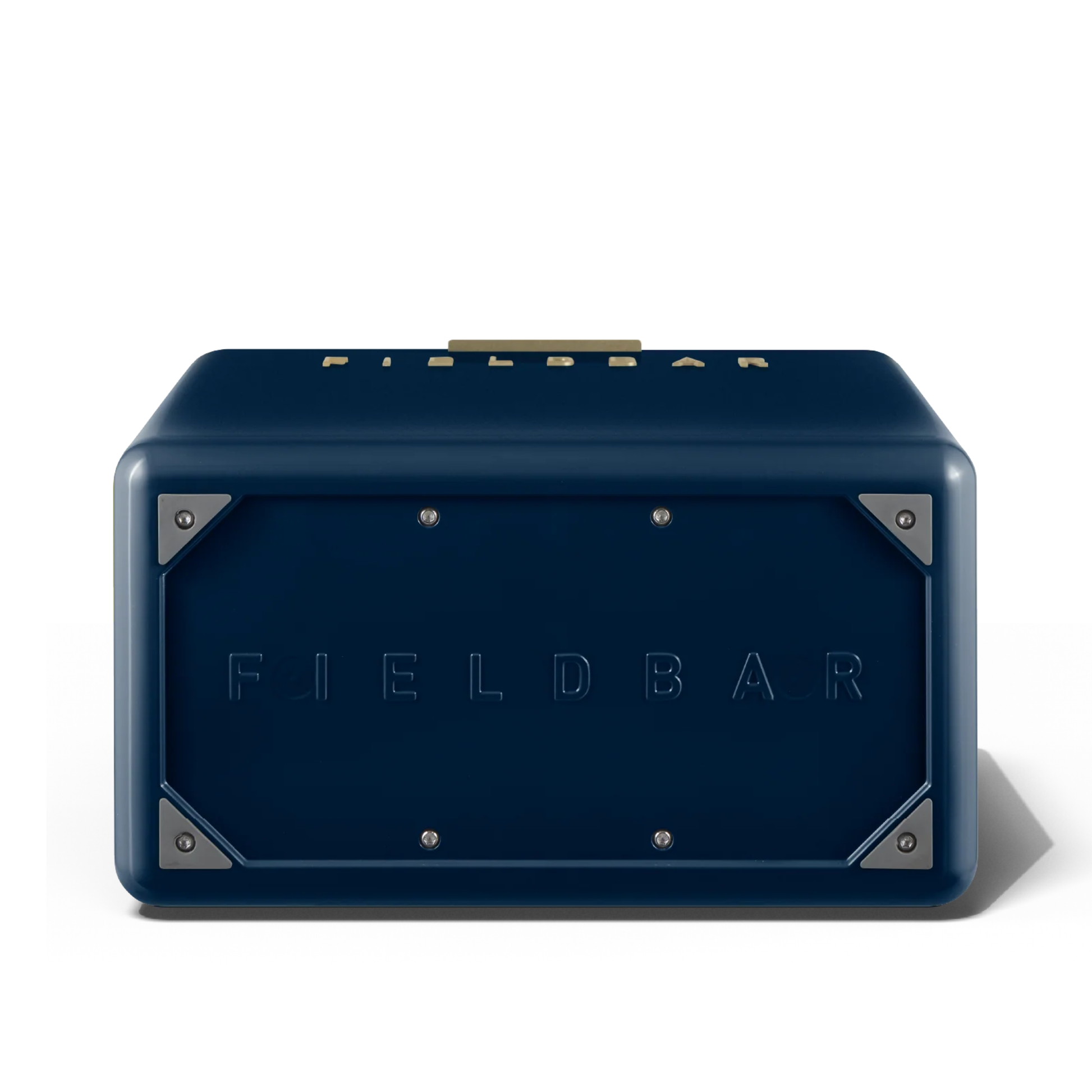 Bottom view with the Fieldbar big lettering from FIELDBAR Gin Trunk Sea Boat Blue - premium hardcase 24L insulated cooler box in blue impact-resistant material with leather-wrapped handle, extruded aluminum carry handle, reflective heat-reducing paint, airtight water- and air-sealed gasket, BPA-free easy-clean interior, removable high-performance insulation, and 50-hour ice retention.