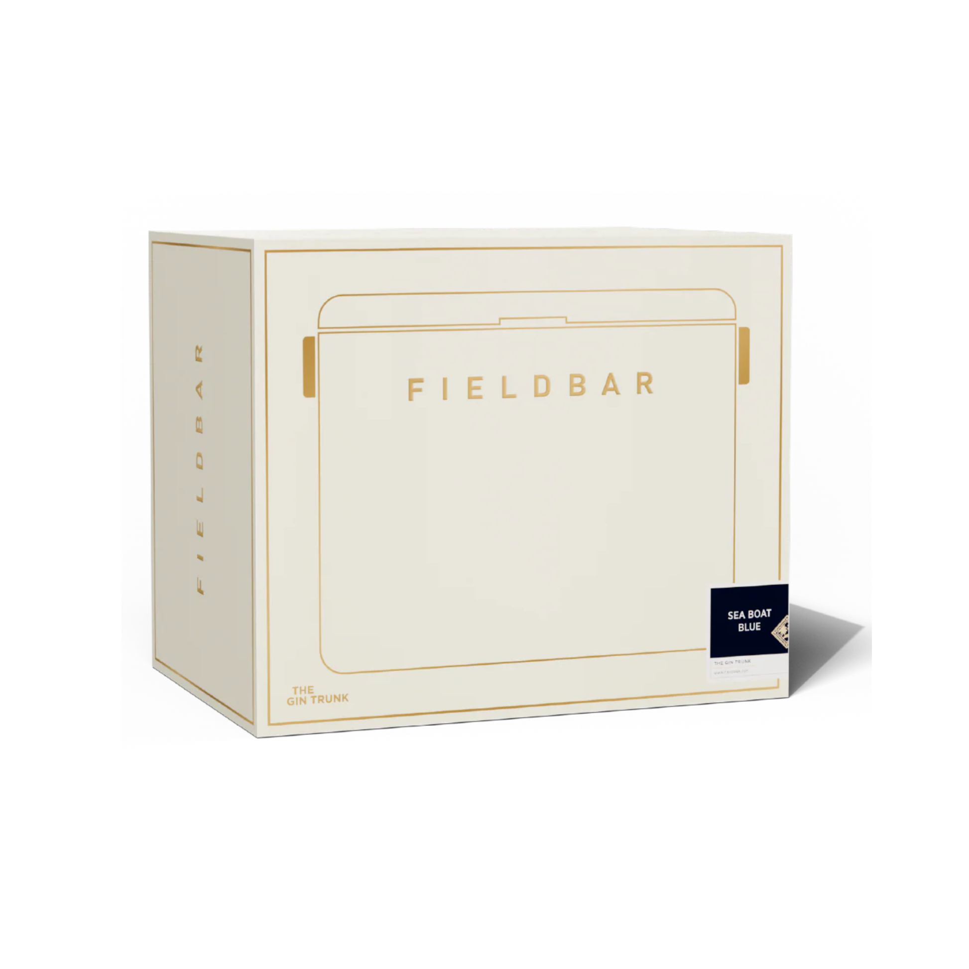 White-gold box packaging of FIELDBAR Gin Trunk Sea Boat Blue - premium hardcase 24L insulated cooler box in blue impact-resistant material with leather-wrapped handle, extruded aluminum carry handle, reflective heat-reducing paint, airtight water- and air-sealed gasket, BPA-free easy-clean interior, removable high-performance insulation, and 50-hour ice retention.