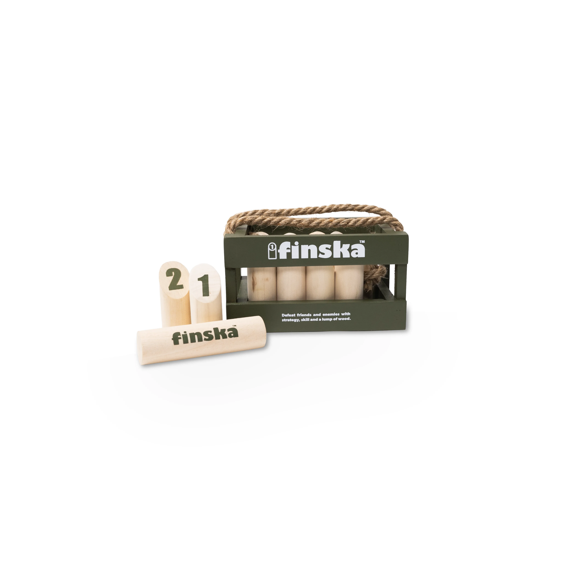 Finska Mini natural birch indoor and outdoor throwing game set, Moss green, includes 12 small numbered pins, a mini throwing log, birch carry crate, rule card, and score sheet. Compact and eco-friendly version of the original Finska.