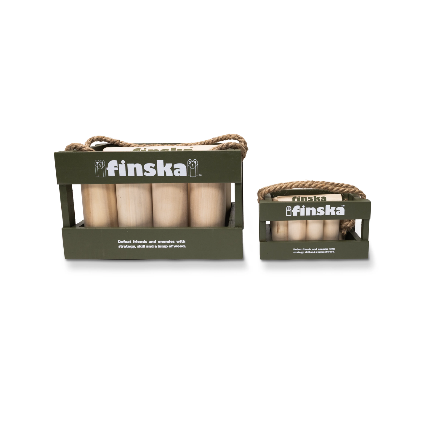 Shown with the original size for comparison with Finska Mini natural birch indoor and outdoor throwing game set, Moss green, includes 12 small numbered pins, a mini throwing log, birch carry crate, rule card, and score sheet. Compact and eco-friendly version of the original Finska.