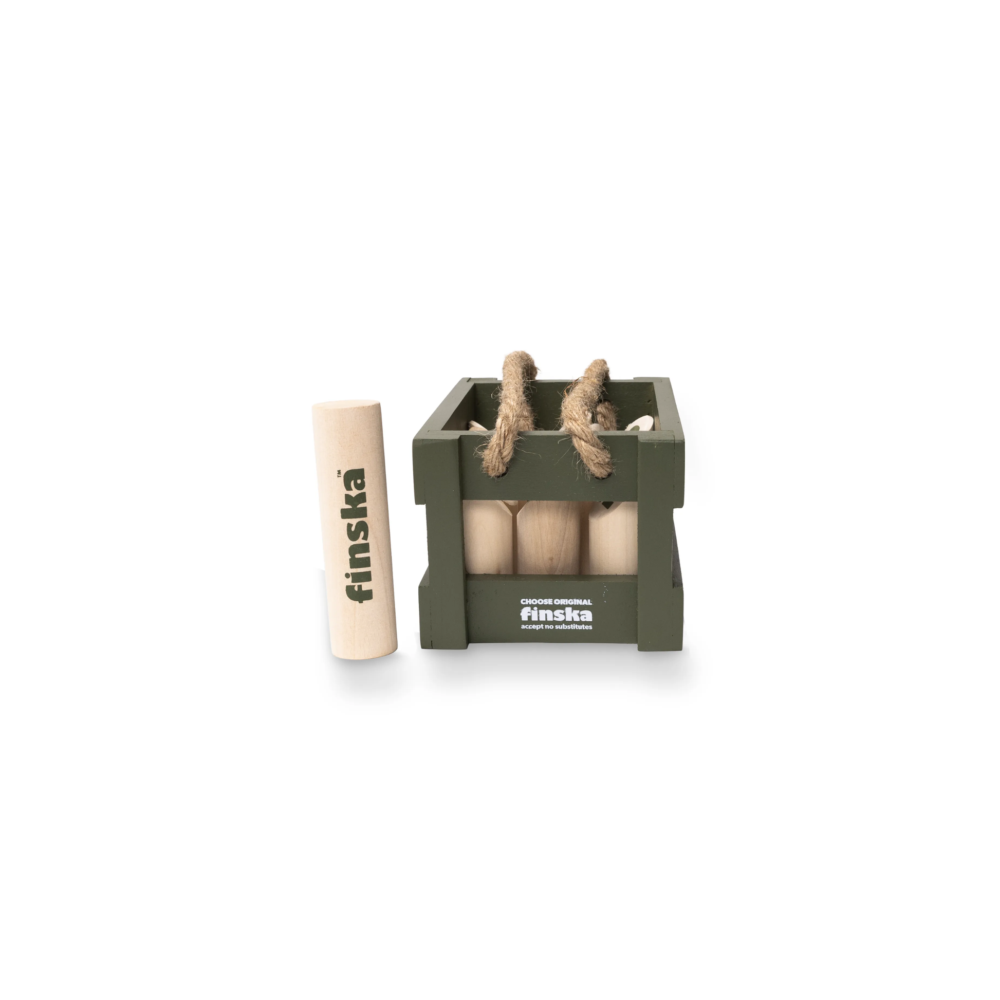 Side view of Finska Mini natural birch indoor and outdoor throwing game set, Moss green, includes 12 small numbered pins, a mini throwing log, birch carry crate, rule card, and score sheet. Compact and eco-friendly version of the original Finska.