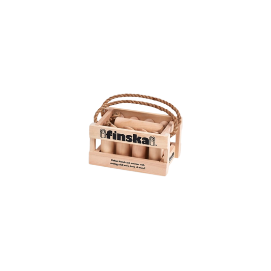 Finska Mini natural birch compact indoor throwing game set, includes 12 numbered mini pins, mini throwing log, birch carry crate, rule card, and score sheet. Smaller version of the Original Finska, perfect for indoor fun or limited spaces.