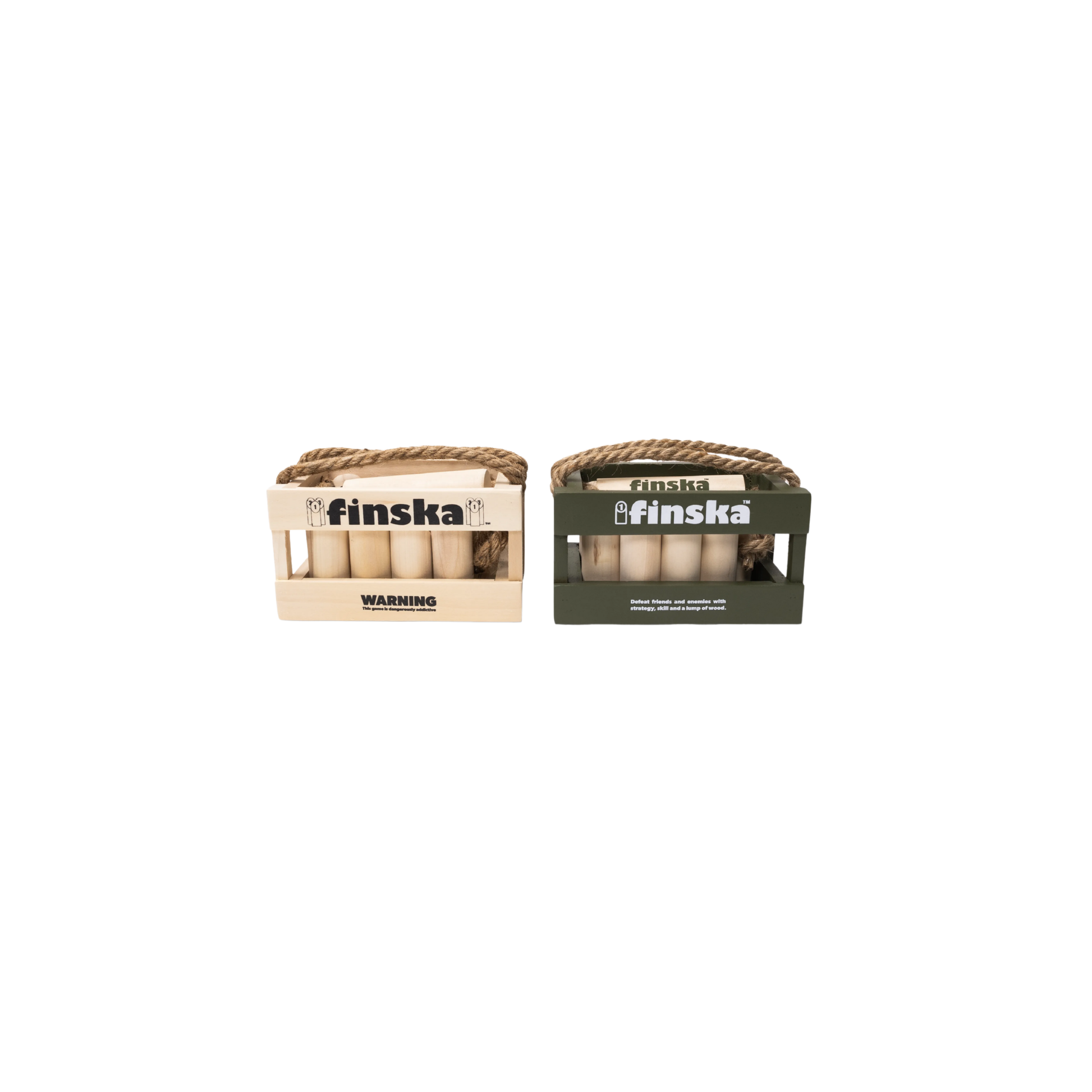 Finska Mini natural birch compact indoor throwing game set, shown with color black beside it, includes 12 numbered mini pins, mini throwing log, birch carry crate, rule card, and score sheet. Smaller version of the Original Finska, perfect for indoor fun or limited spaces.
